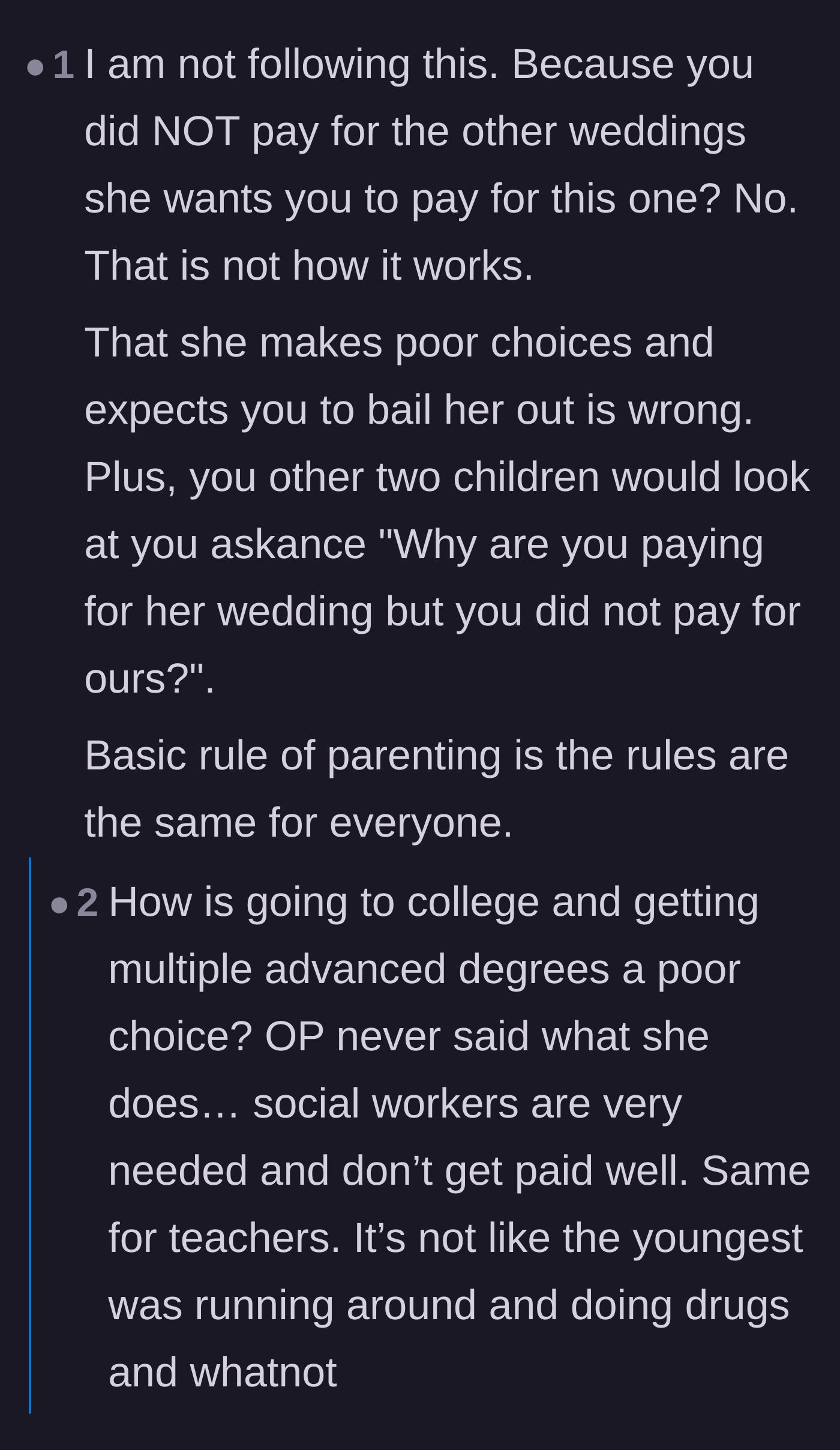 Comment thread 6 - Disagreement over whether choosing a low-paying but essential career like teaching or social work constitutes a poor choice that shouldn't be bailed out.