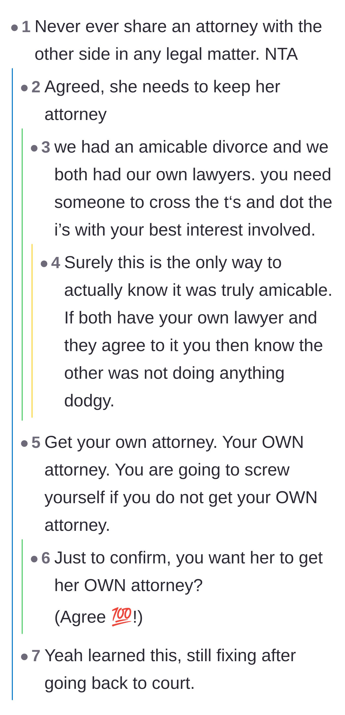 Comment thread 1 - Advice against sharing legal counsel and the importance of independent representation