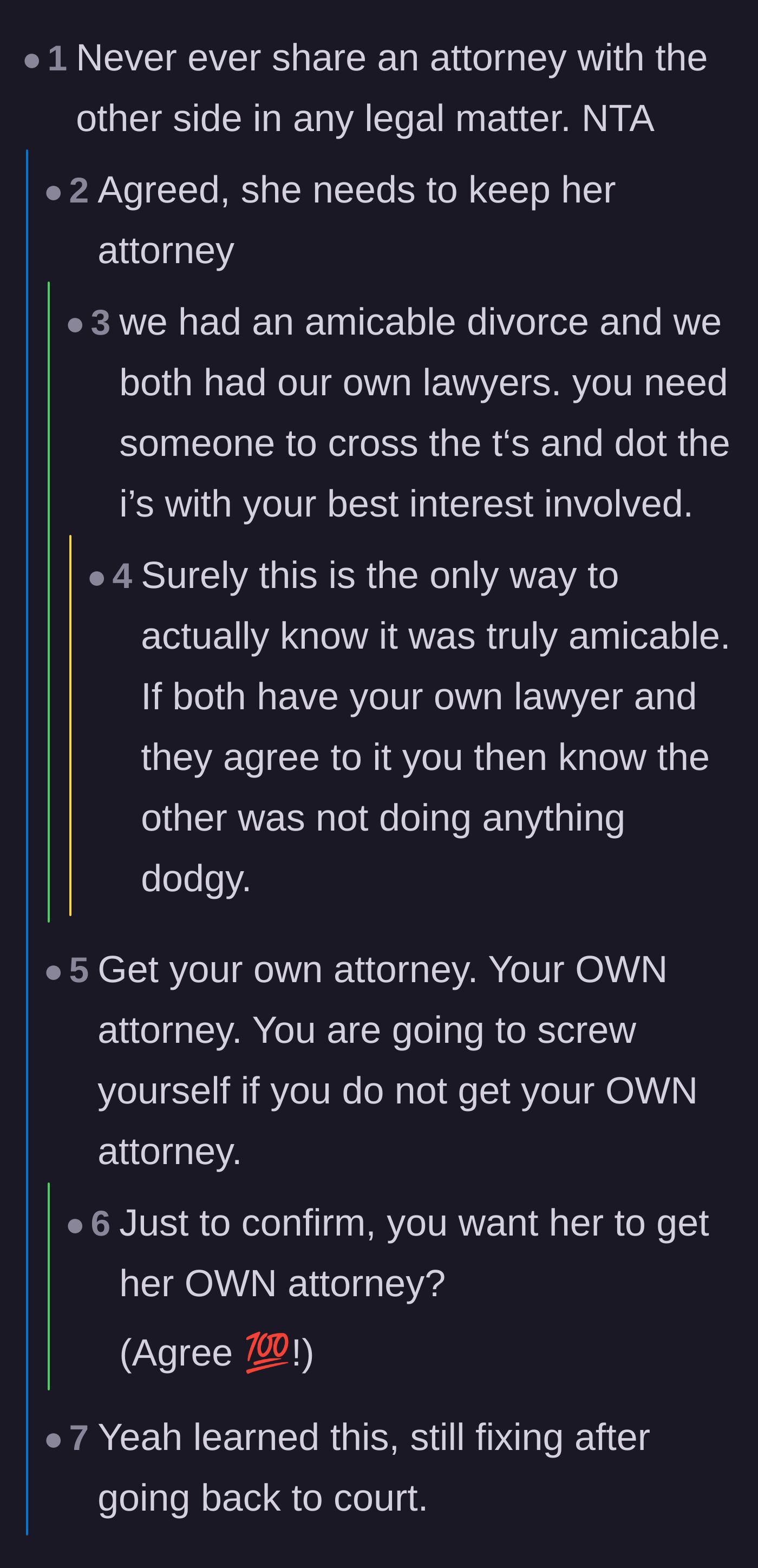 Comment thread 1 - Advice against sharing legal counsel and the importance of independent representation