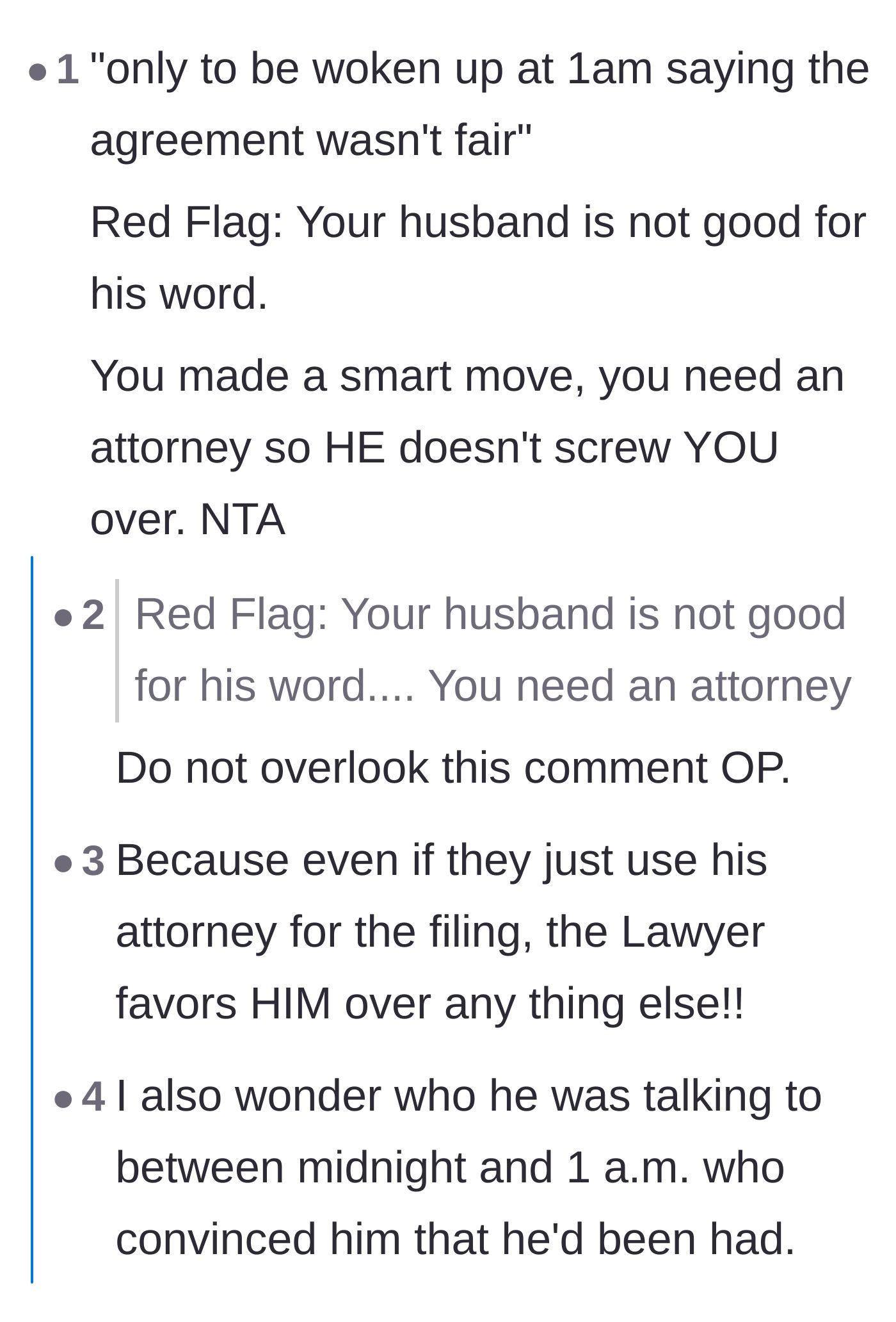 Comment thread 2 - Discussion analyzing the ex-husband's late-night text as a massive red flag