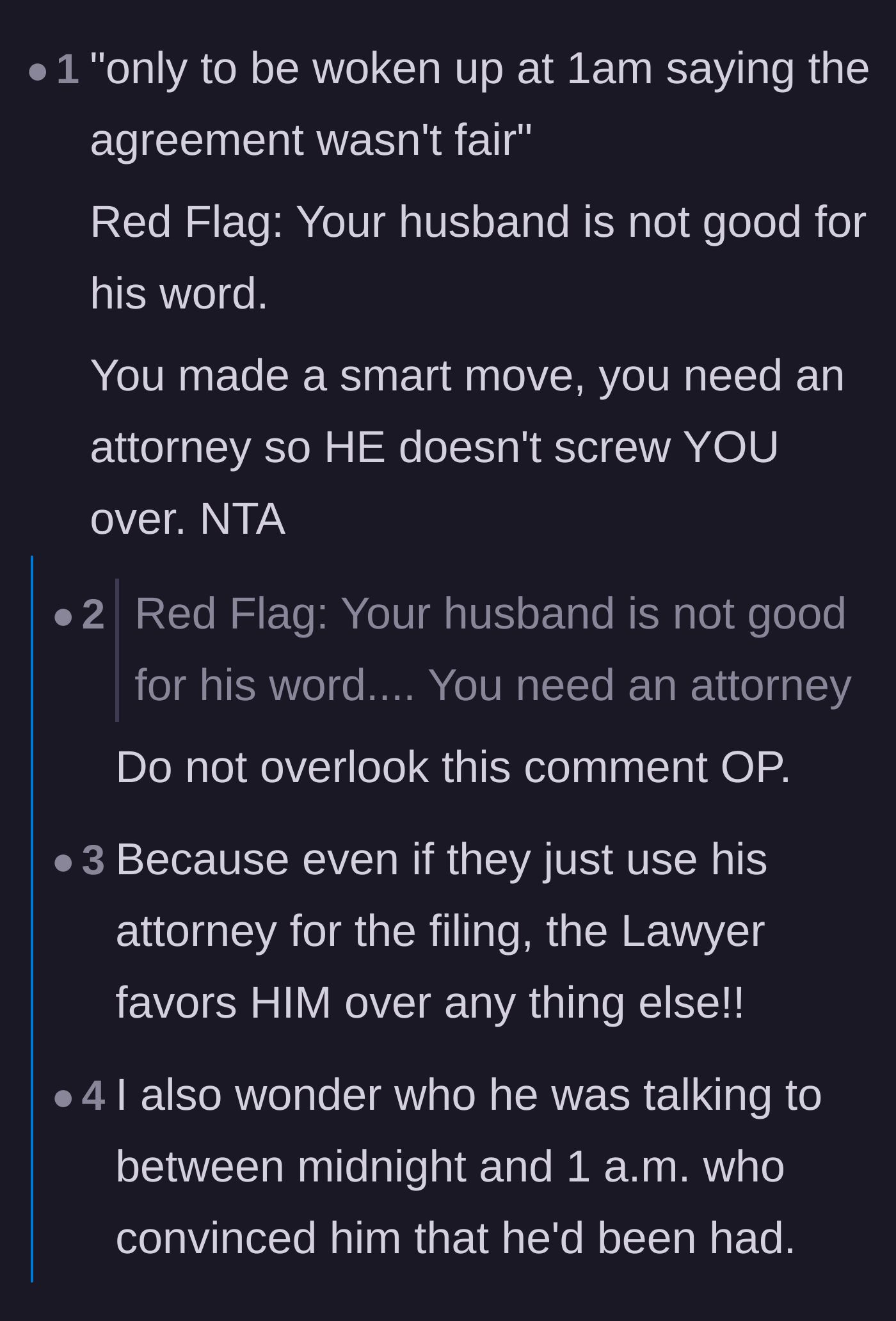 Comment thread 2 - Discussion analyzing the ex-husband's late-night text as a massive red flag