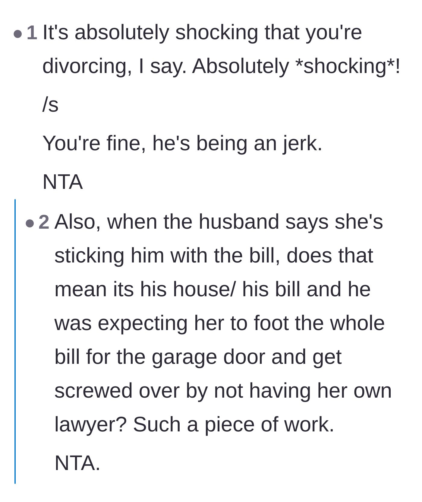 Comment thread 3 - Sarcastic remarks about the inevitability of the divorce given the husband's behavior