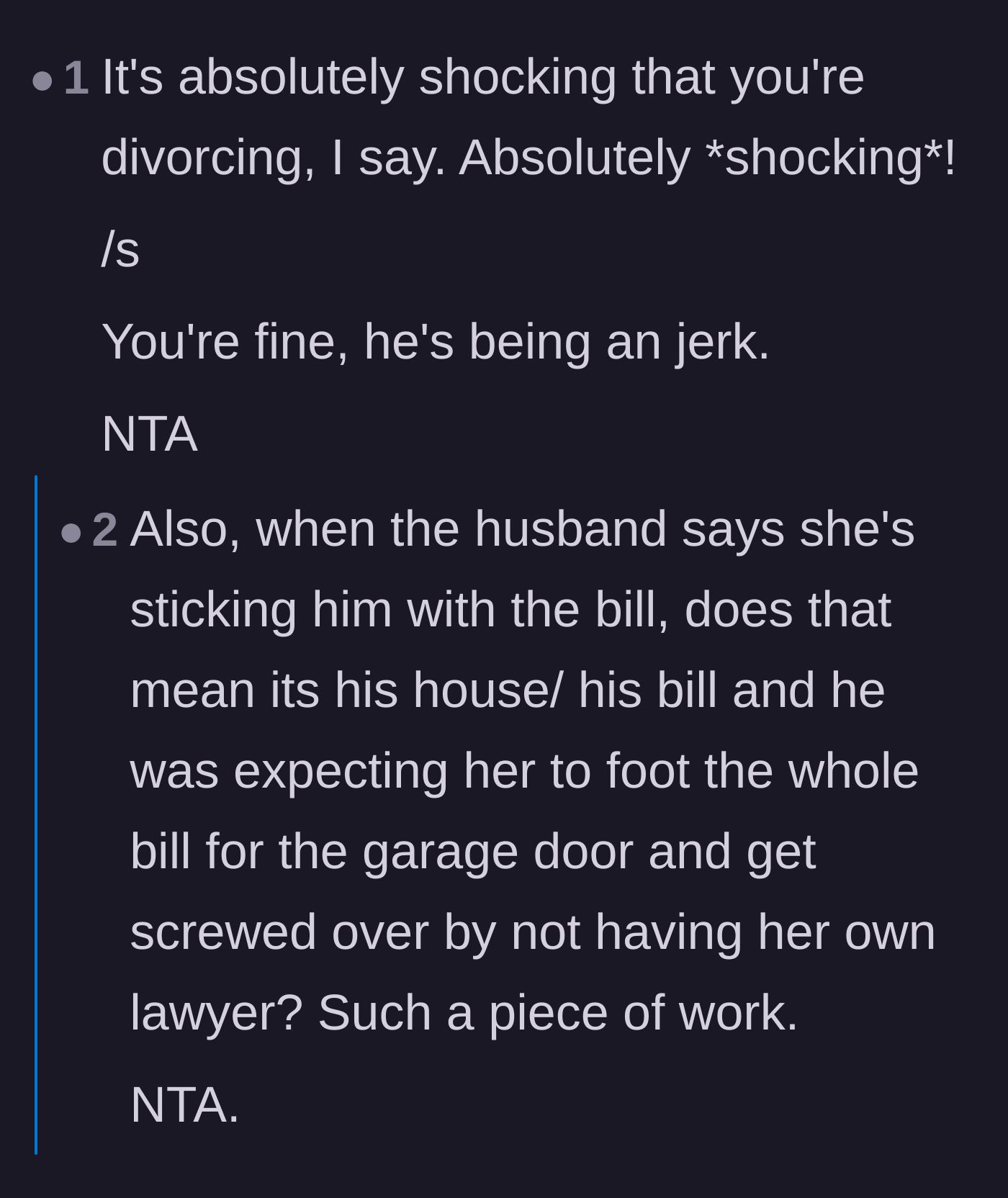 Comment thread 3 - Sarcastic remarks about the inevitability of the divorce given the husband's behavior