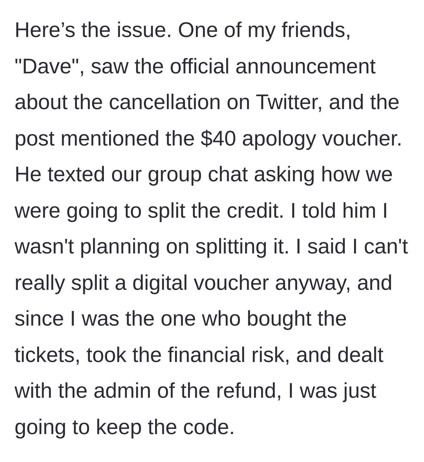 Story part 3 - A screenshot of the confrontation where a friend named Dave demands a split of the digital apology code.