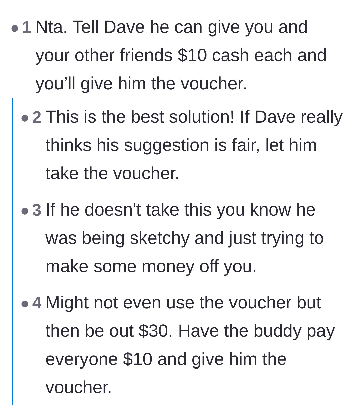 Comment thread 1 - Readers debate calling Dave's bluff by making him pay the group for the voucher.
