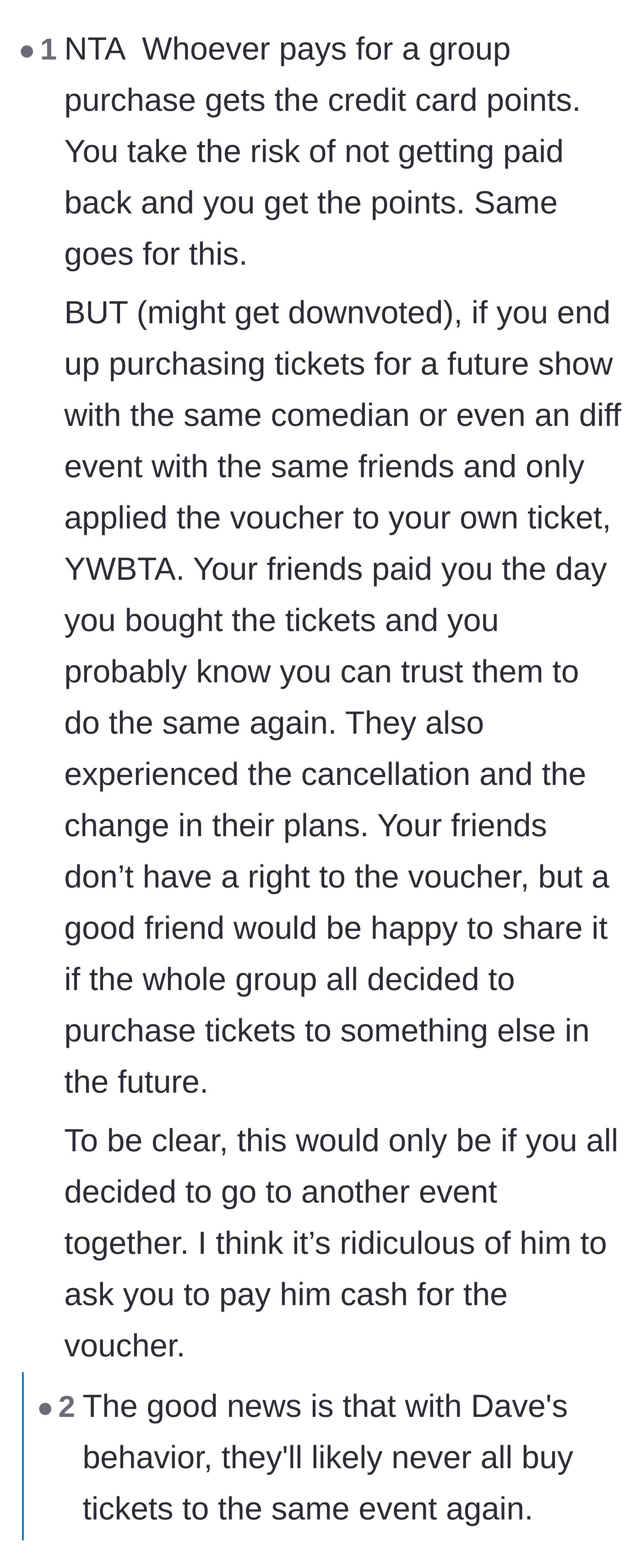 Comment thread 4 - Advice on applying the voucher to a future group outing, while still calling out the demand for cash.