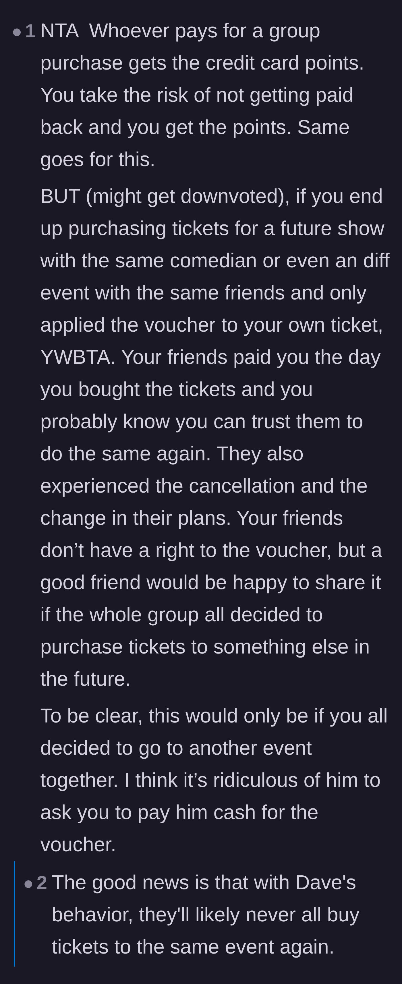 Comment thread 4 - Advice on applying the voucher to a future group outing, while still calling out the demand for cash.