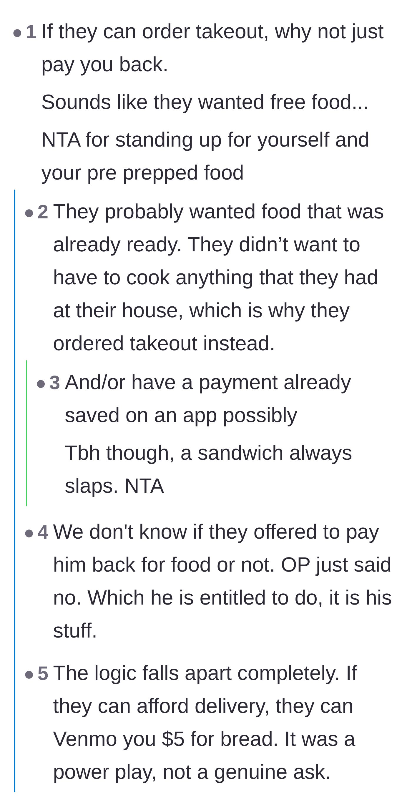 Comment thread 1 - Readers dissecting the flawed logic of affording delivery but not paying the roommate back.