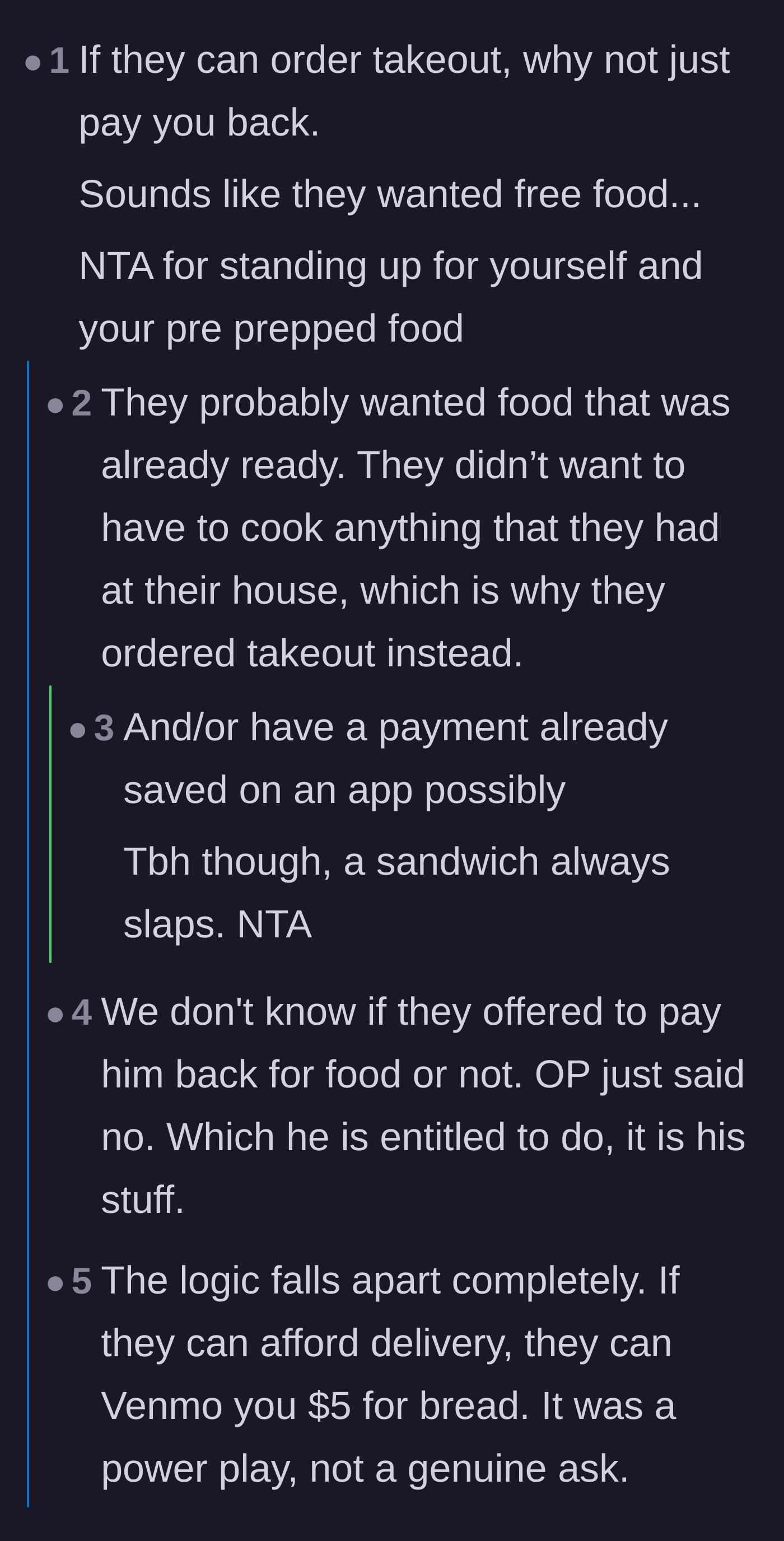 Comment thread 1 - Readers dissecting the flawed logic of affording delivery but not paying the roommate back.