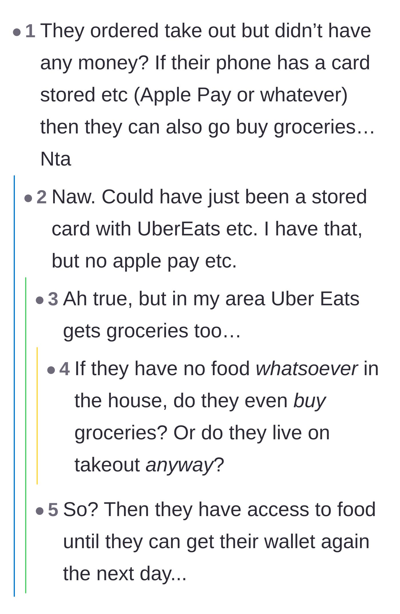 Comment thread 2 - A debate on using delivery apps to order groceries instead of ready-made meals.
