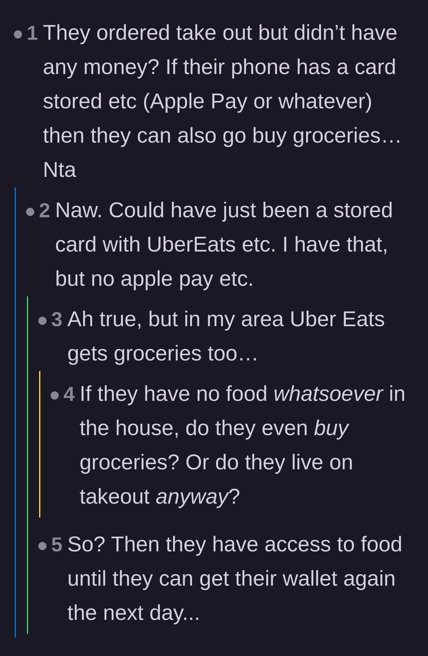 Comment thread 2 - A debate on using delivery apps to order groceries instead of ready-made meals.