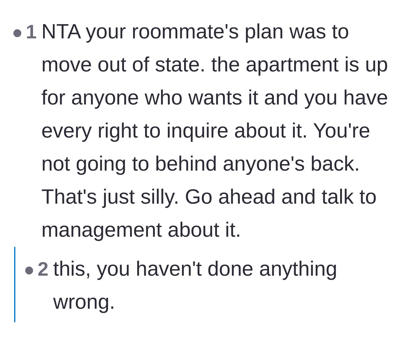 Comment thread 1 - Reassurance that inquiring about a vacant apartment doesn't mean going behind anyone's back.
