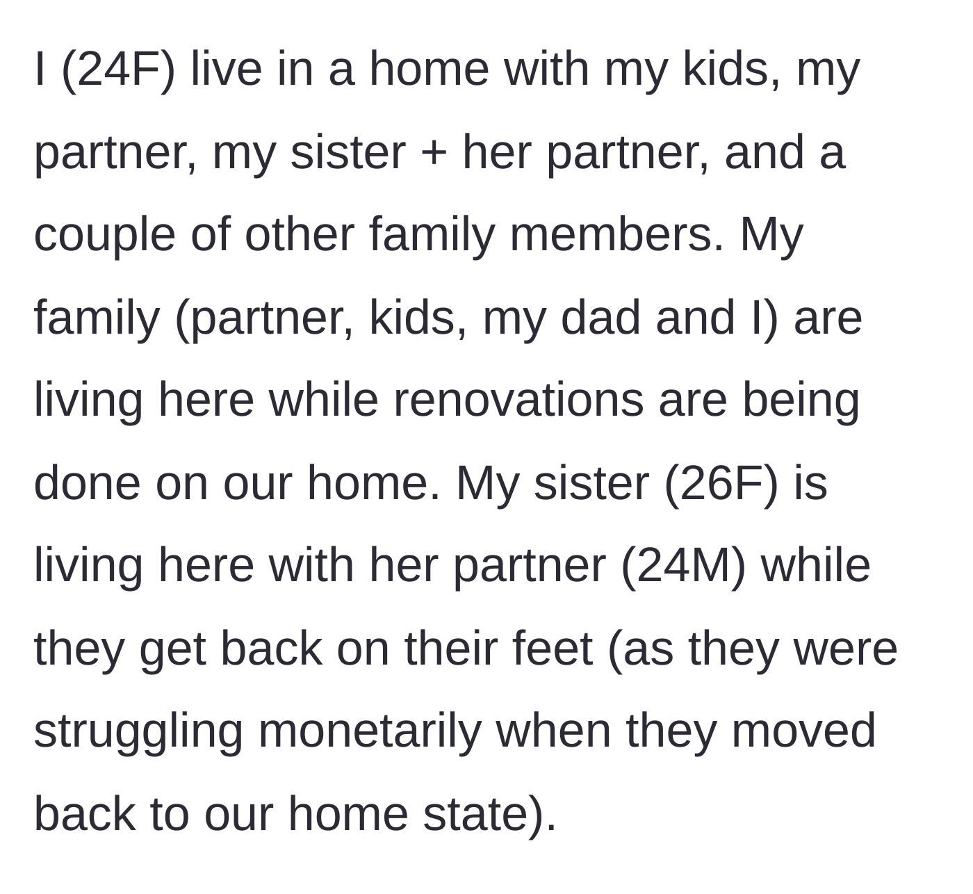 Story part 1 - A crowded multigenerational home with a mom, kids, and extended family sharing living space.