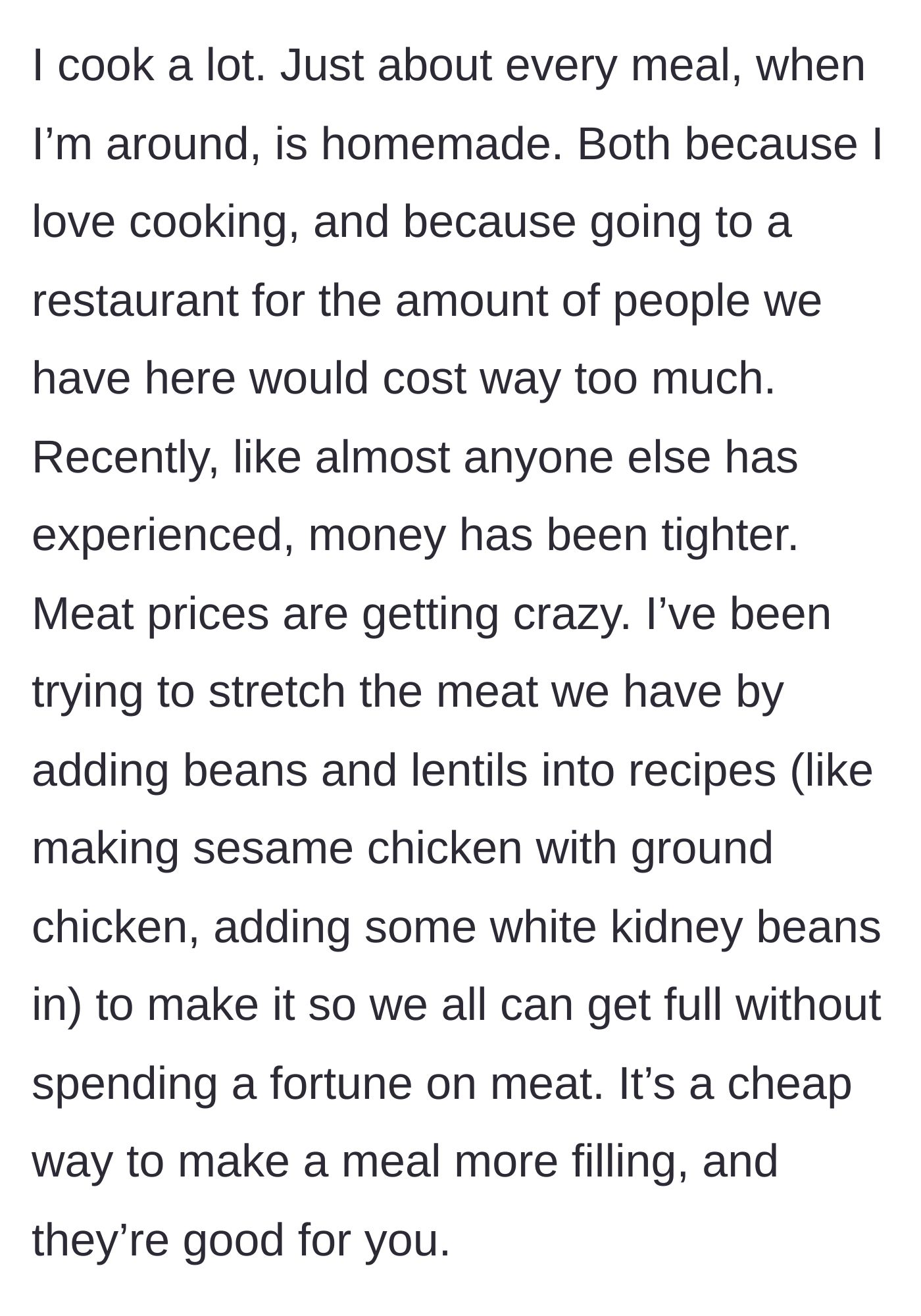 Story part 2 - A frugal home-cooked meal of sesame chicken stretched with white kidney beans.