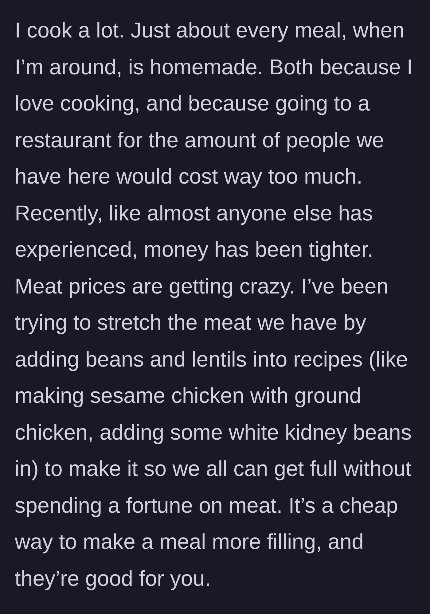 Story part 2 - A frugal home-cooked meal of sesame chicken stretched with white kidney beans.