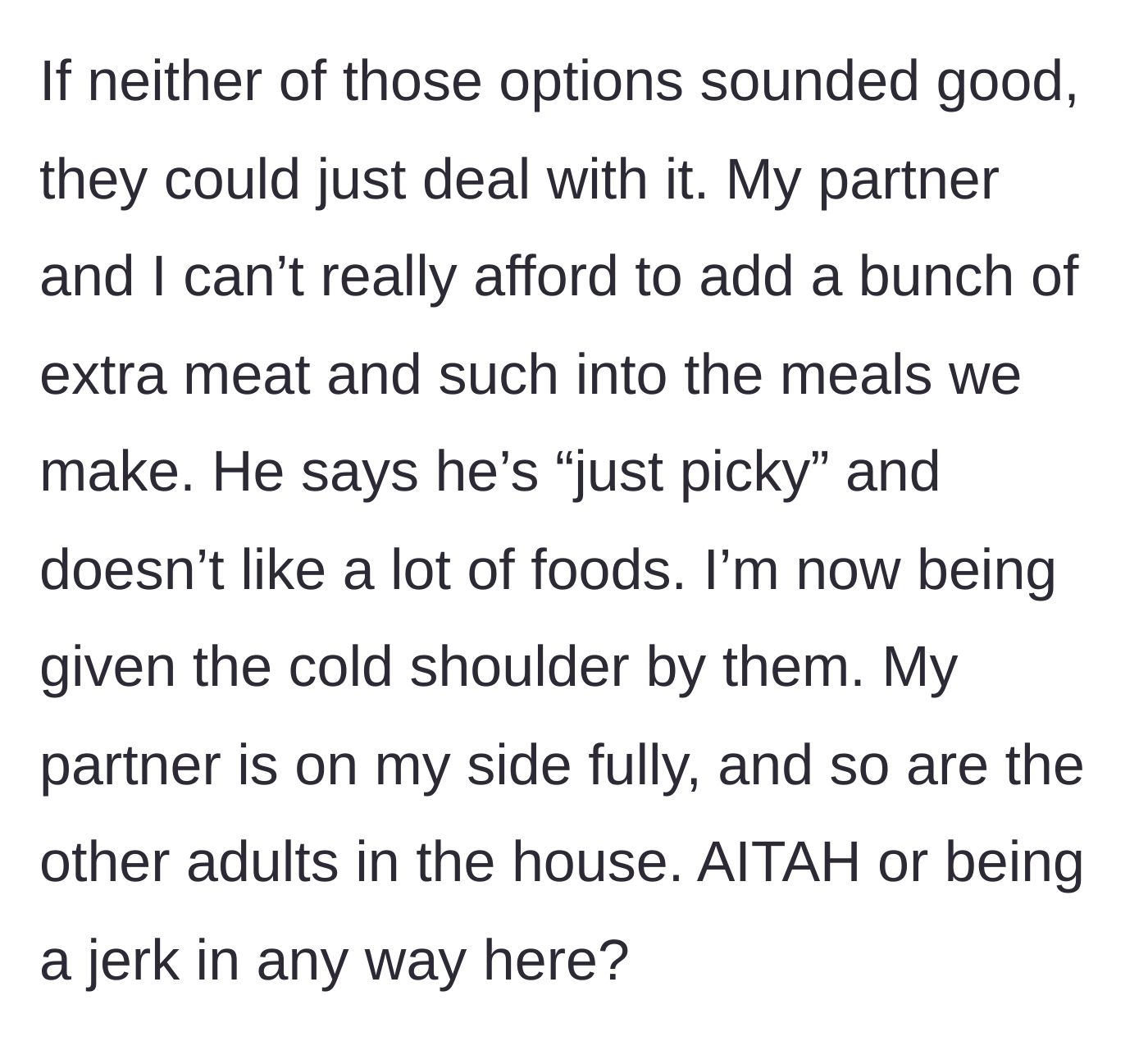 Story part 5 - Two adults sulking and giving the silent treatment while the rest of the household supports the cook.