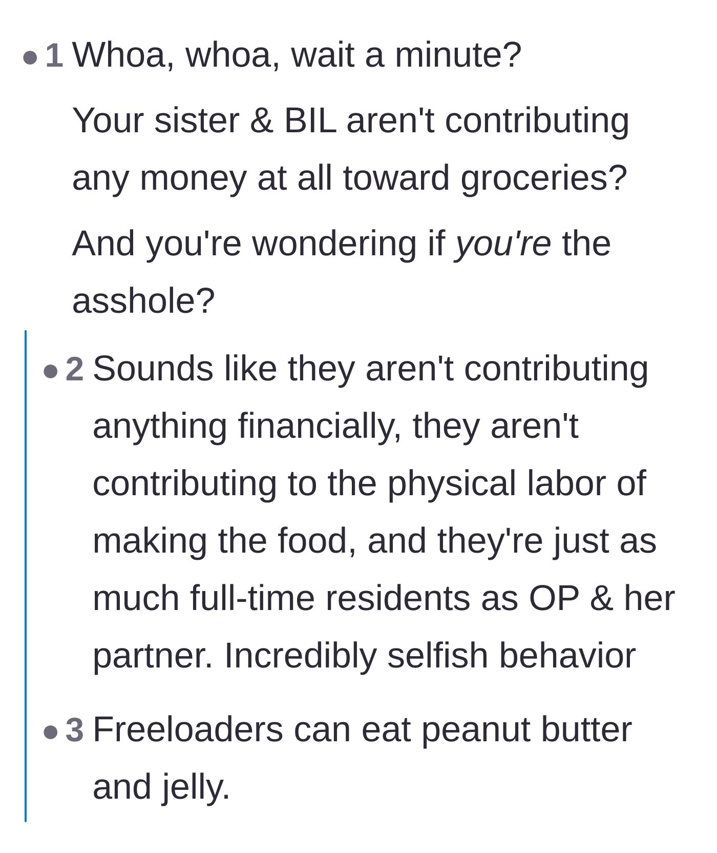 Comment thread 1 - Readers calculating the financial hypocrisy of the sister and her partner refusing to buy groceries while buying fast food.