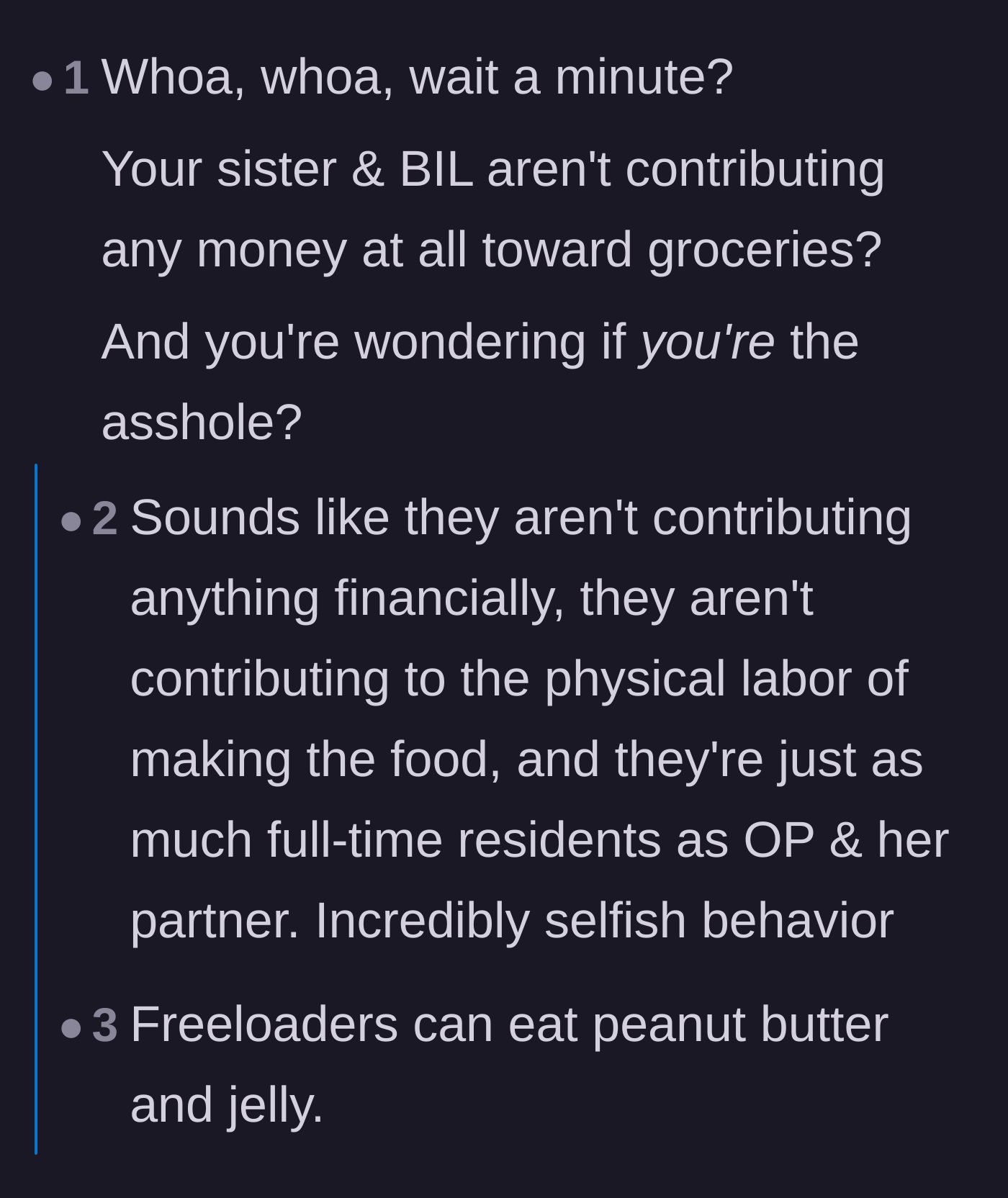 Comment thread 1 - Readers calculating the financial hypocrisy of the sister and her partner refusing to buy groceries while buying fast food.
