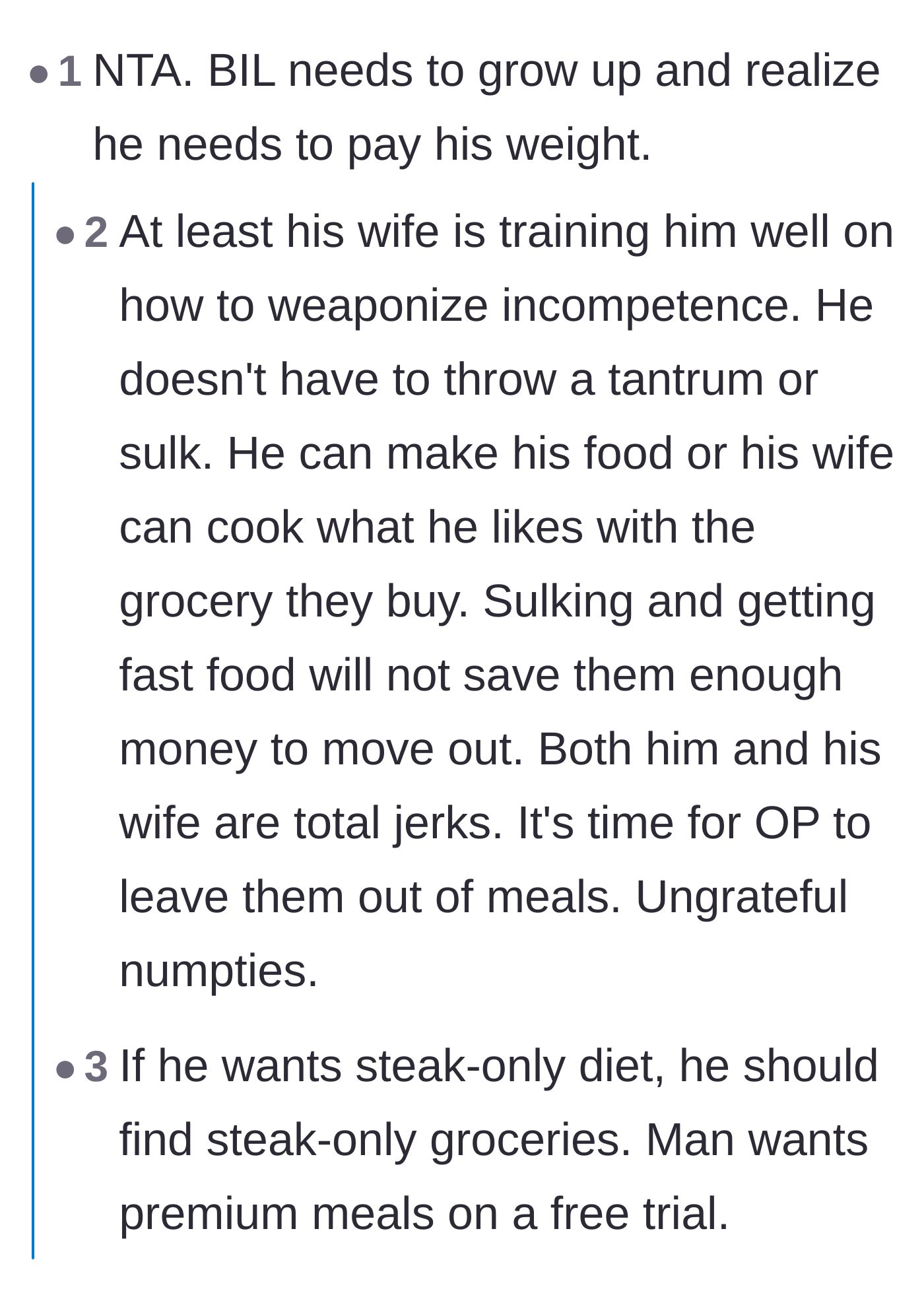Comment thread 2 - A debate on weaponized incompetence and the boyfriend wanting a premium diet without paying for it.