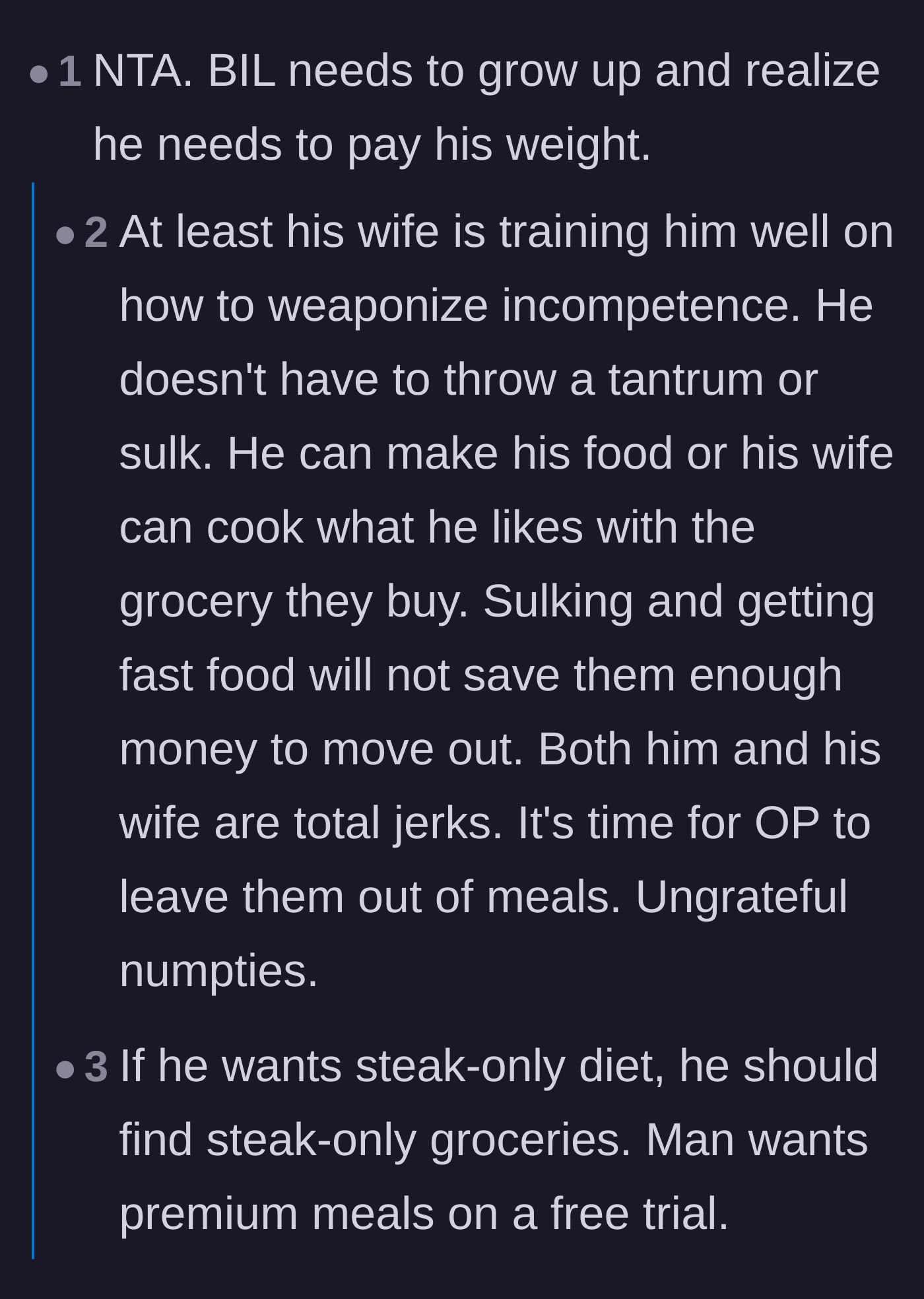 Comment thread 2 - A debate on weaponized incompetence and the boyfriend wanting a premium diet without paying for it.