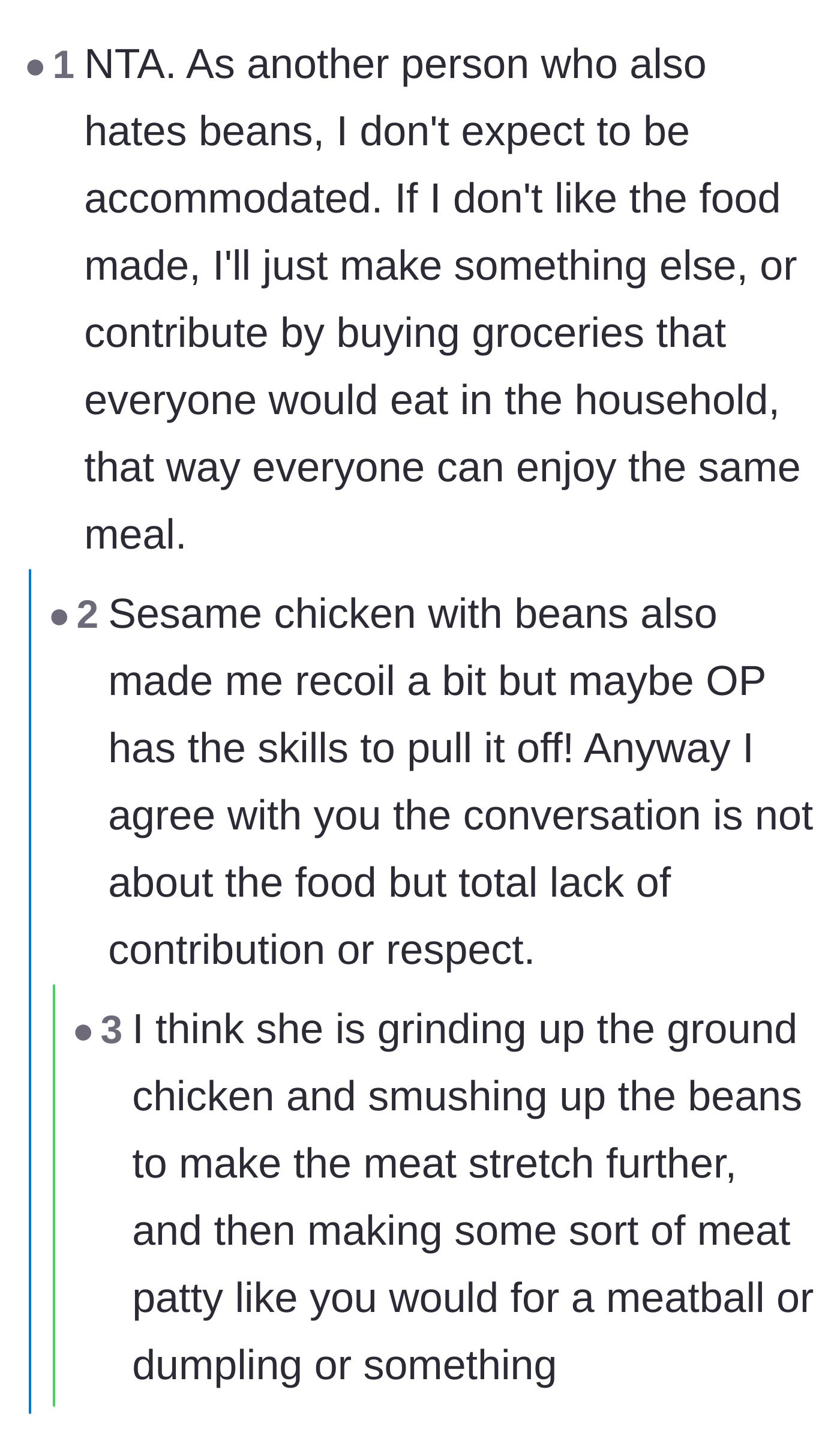 Comment thread 5 - Even fellow bean-haters agree that the boyfriend is out of line for expecting special treatment on a tight budget.