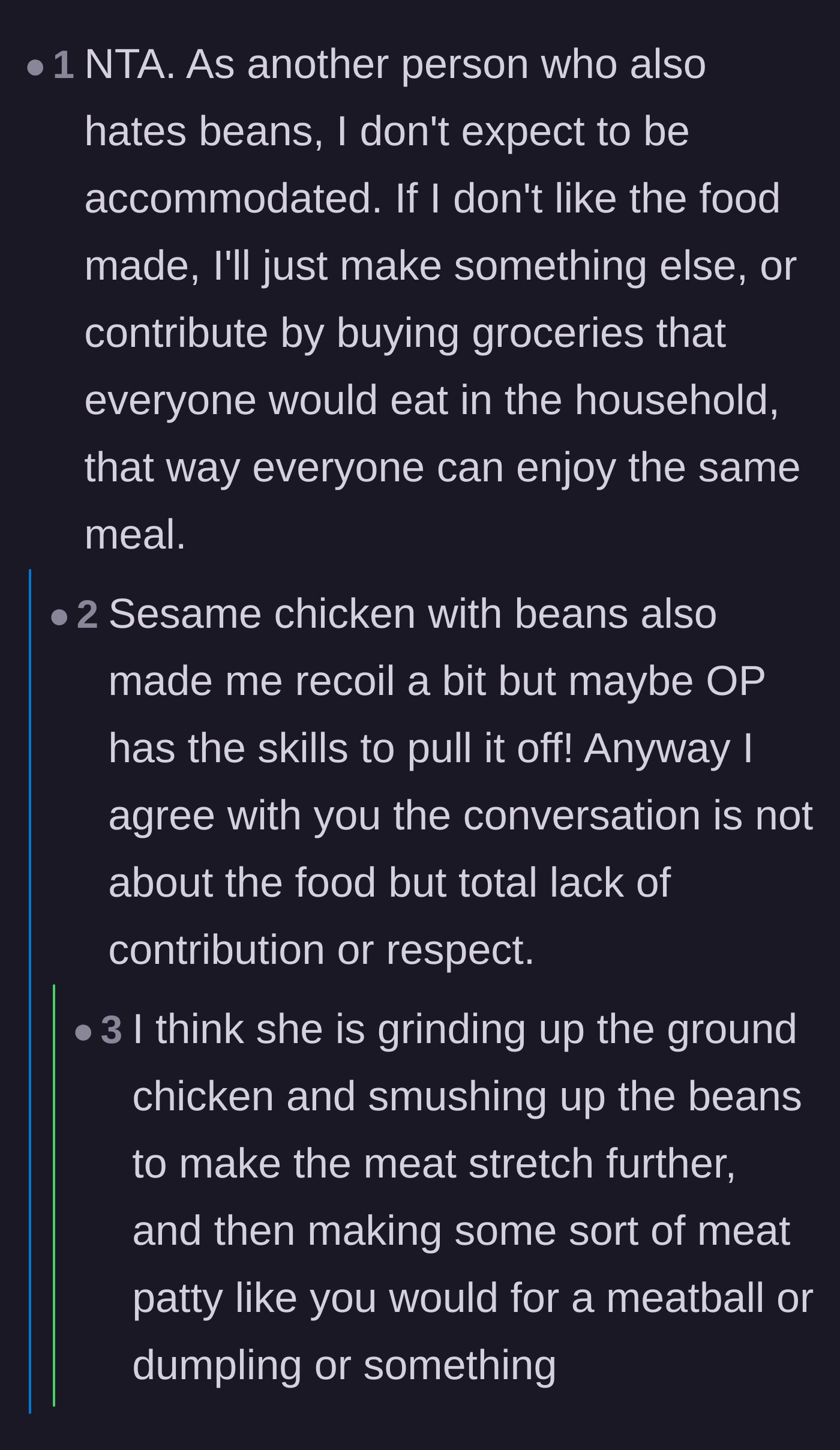 Comment thread 5 - Even fellow bean-haters agree that the boyfriend is out of line for expecting special treatment on a tight budget.
