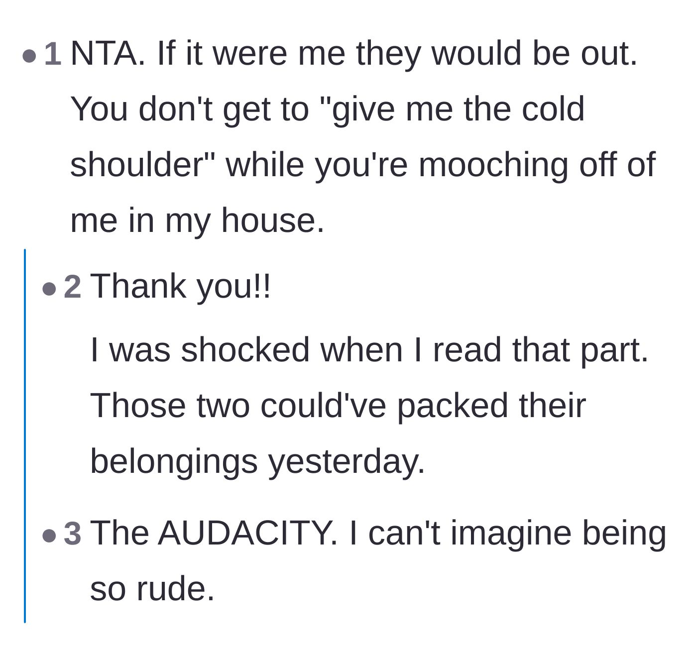 Comment thread 6 - Disbelief at the sheer audacity of giving a host the silent treatment while mooching off them.