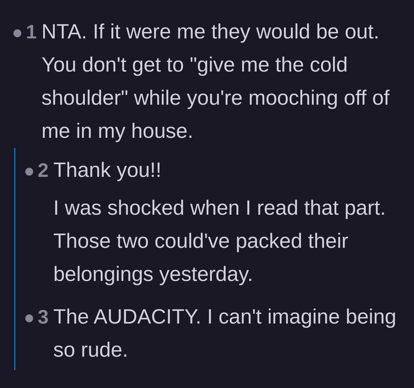 Comment thread 6 - Disbelief at the sheer audacity of giving a host the silent treatment while mooching off them.