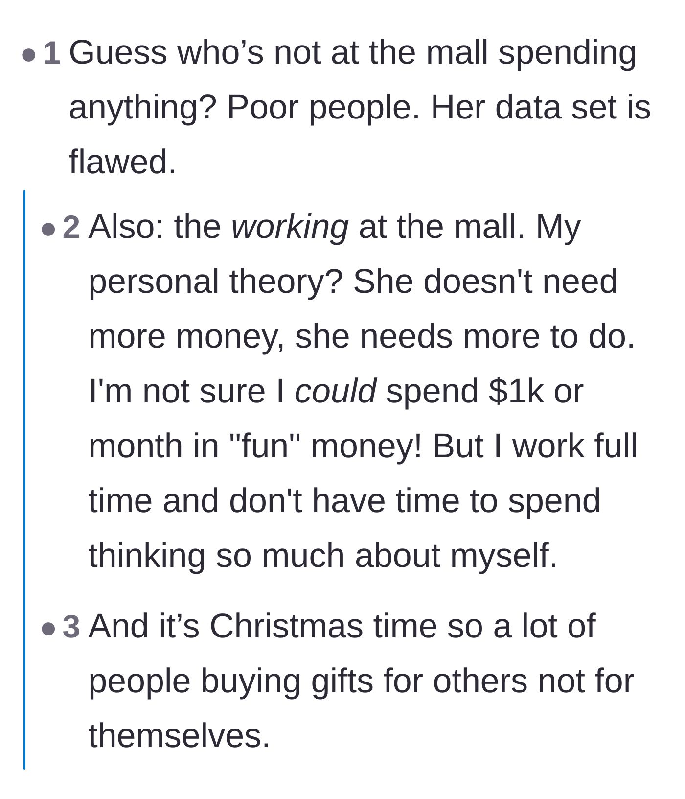 Comment thread 1 - Readers dissecting how the wife is likely bored, not broke, and treating shopping as a cure for having too much free time