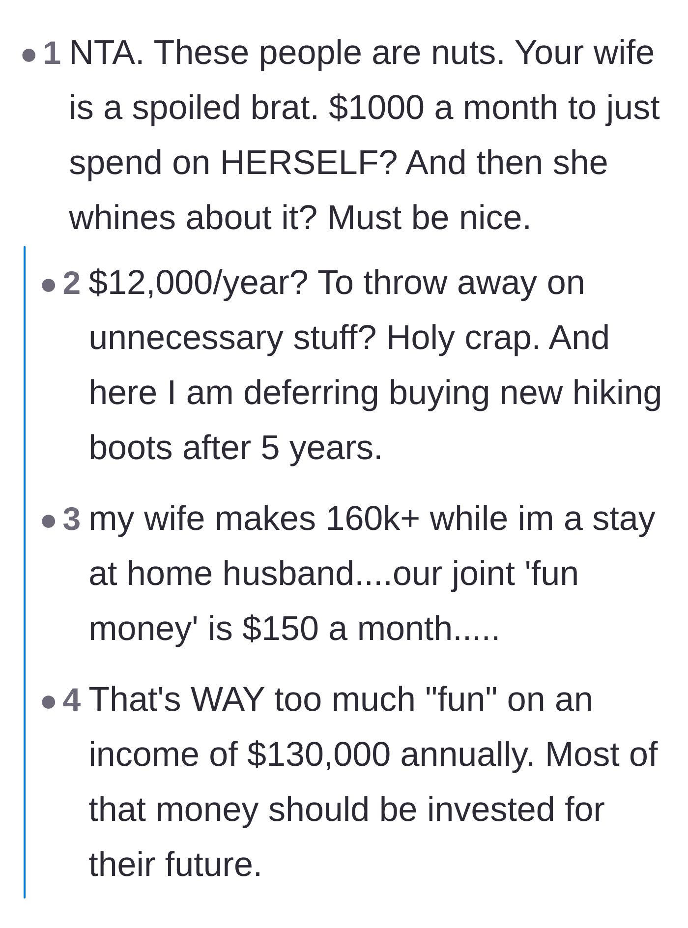 Comment thread 2 - People sharing their own financial struggles and utter disbelief at someone complaining about a thousand-dollar monthly allowance
