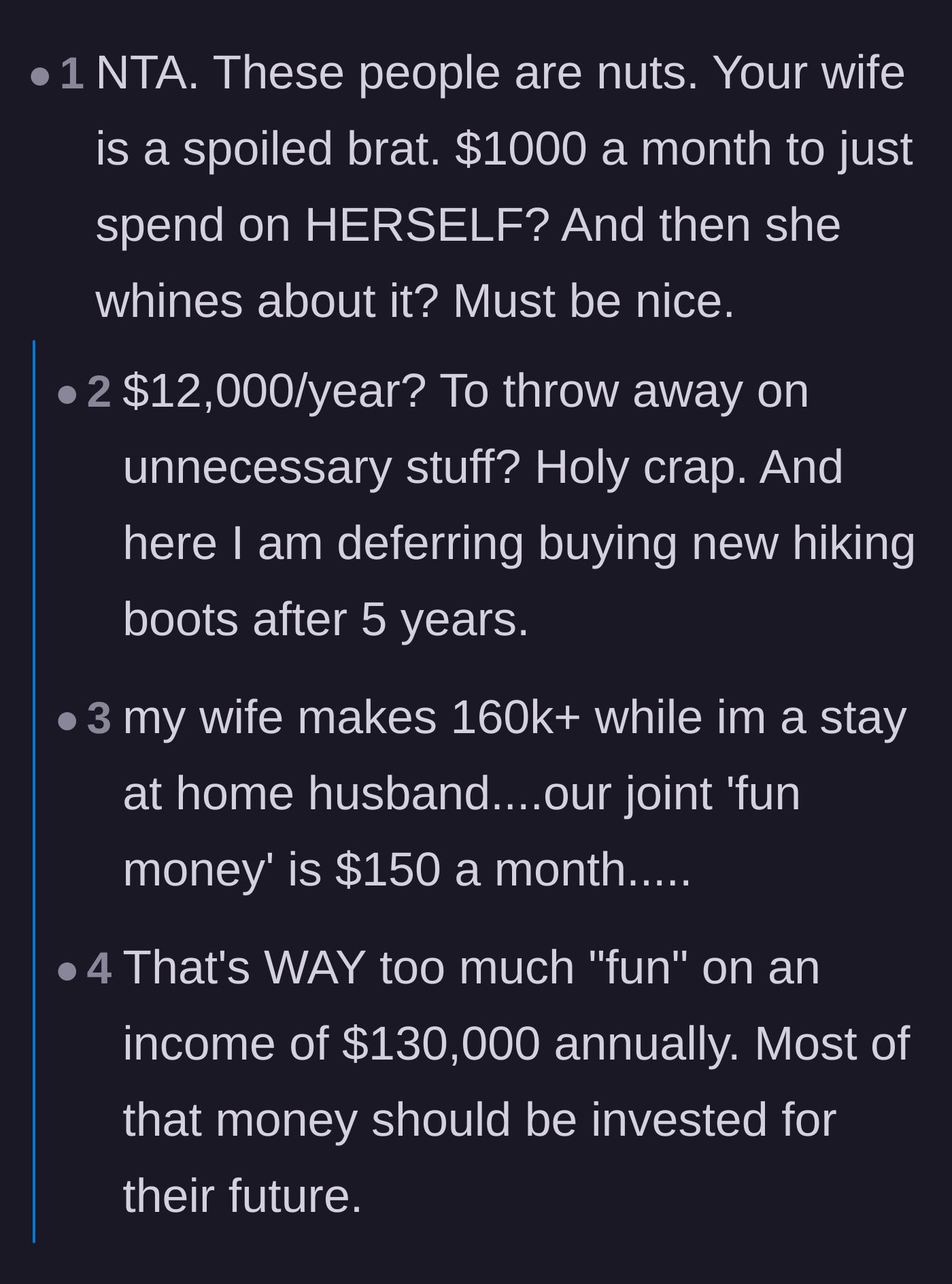 Comment thread 2 - People sharing their own financial struggles and utter disbelief at someone complaining about a thousand-dollar monthly allowance