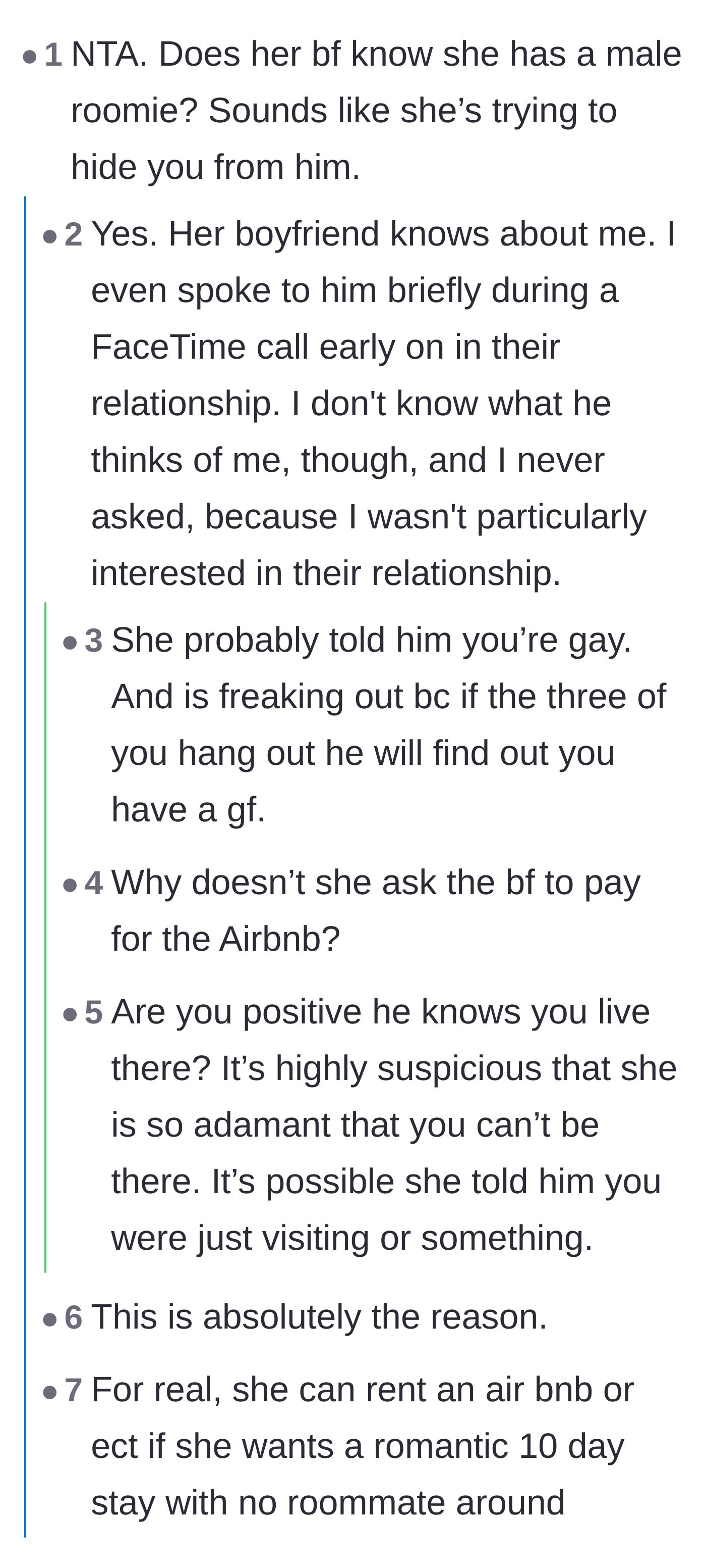 Comment thread speculating that the roommate is trying to hide her male roommate from her international boyfriend.