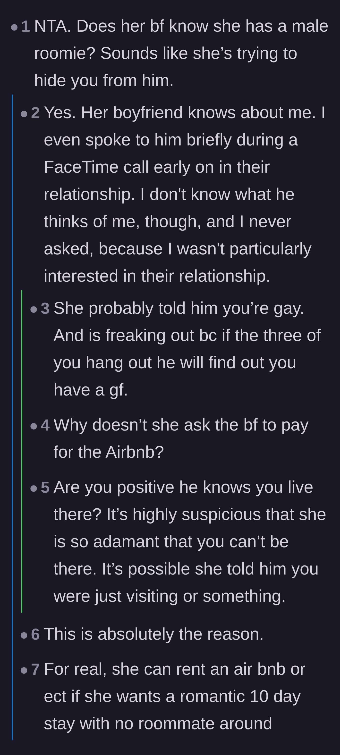 Comment thread speculating that the roommate is trying to hide her male roommate from her international boyfriend.