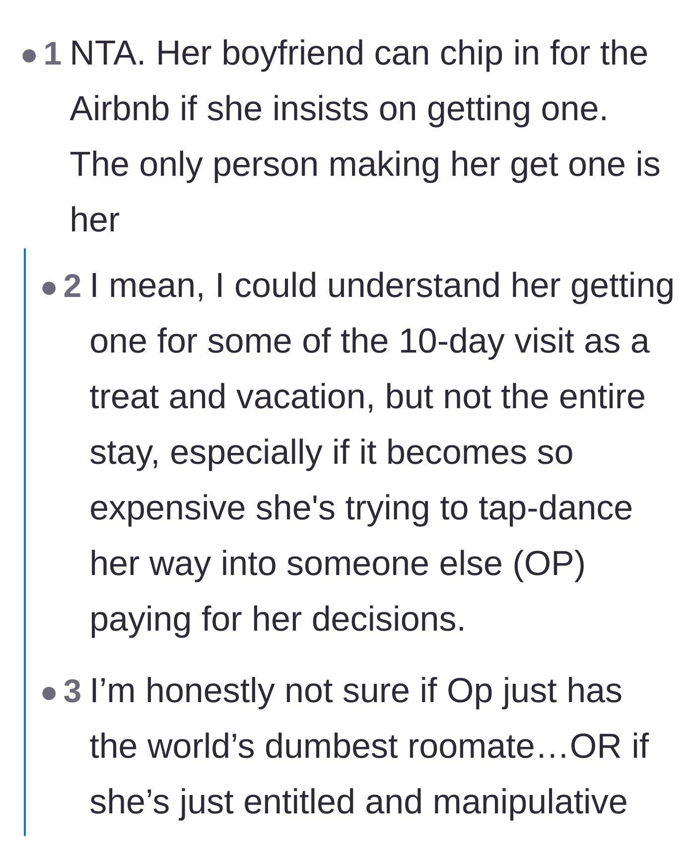 Comment thread pointing out that the boyfriend should chip in for the Airbnb and questioning the roommate's logic.