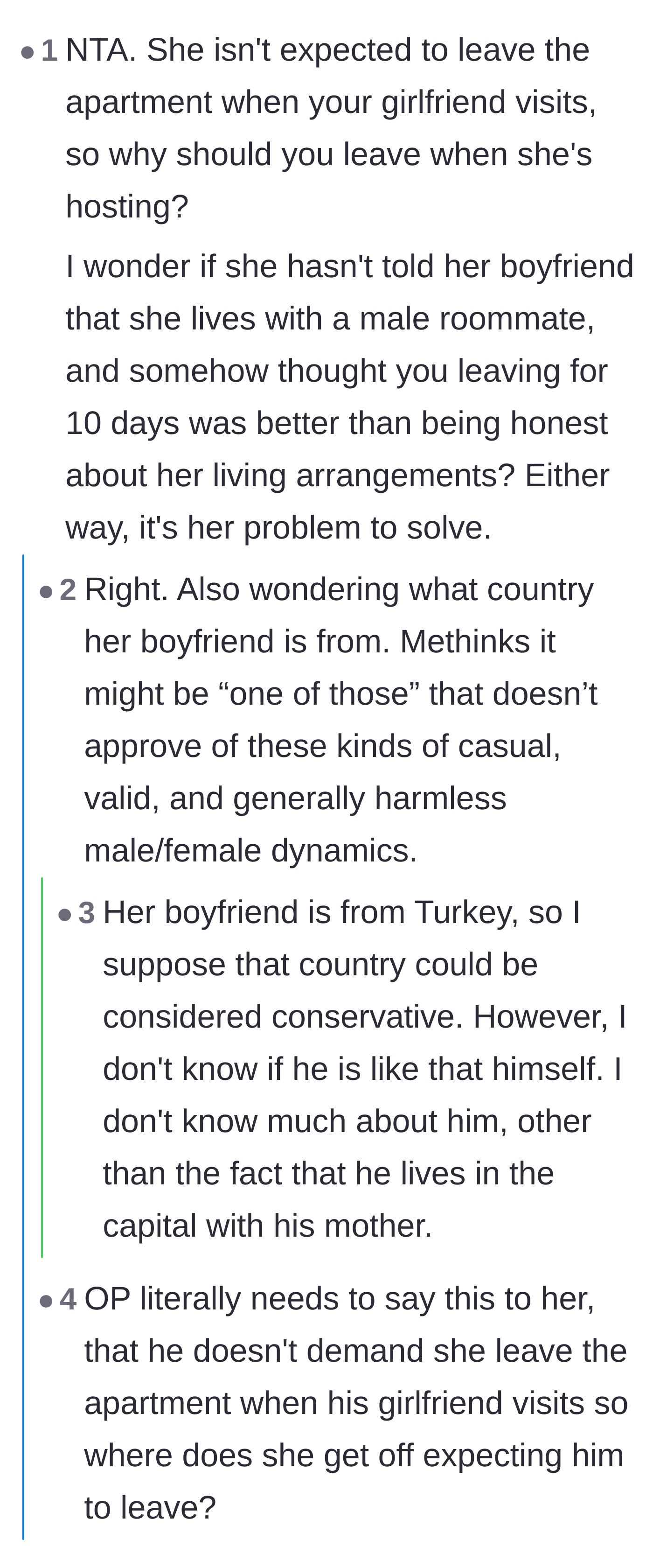 Comment thread comparing the roommate's demands to the author's girlfriend visiting, along with debates about the boyfriend using her for a free vacation.
