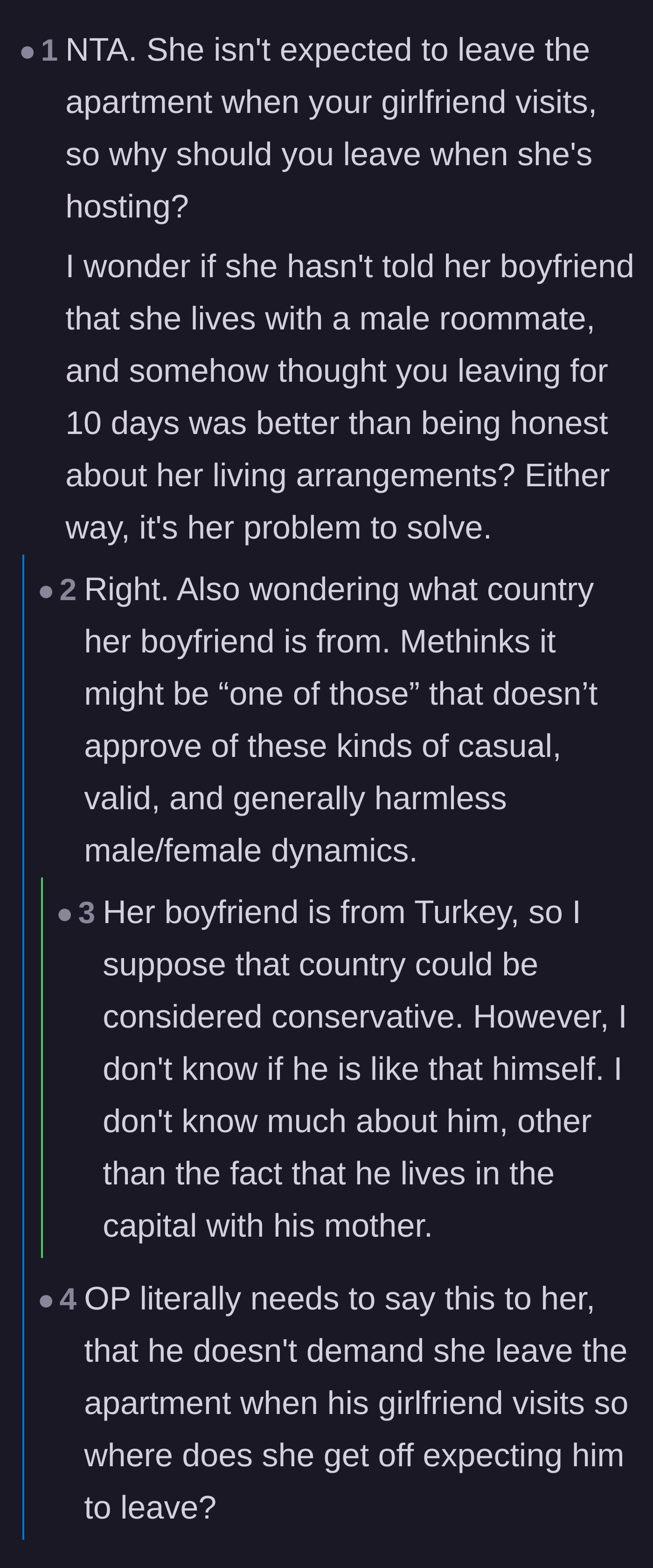 Comment thread comparing the roommate's demands to the author's girlfriend visiting, along with debates about the boyfriend using her for a free vacation.