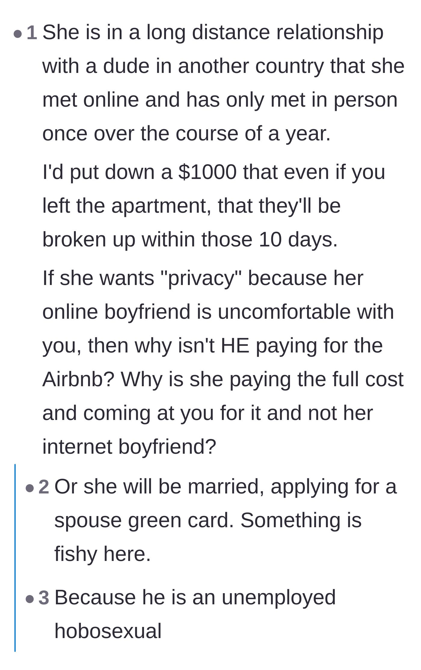 Comment thread predicting the couple will break up during the trip and referring to the unemployed boyfriend as a hobosexual.