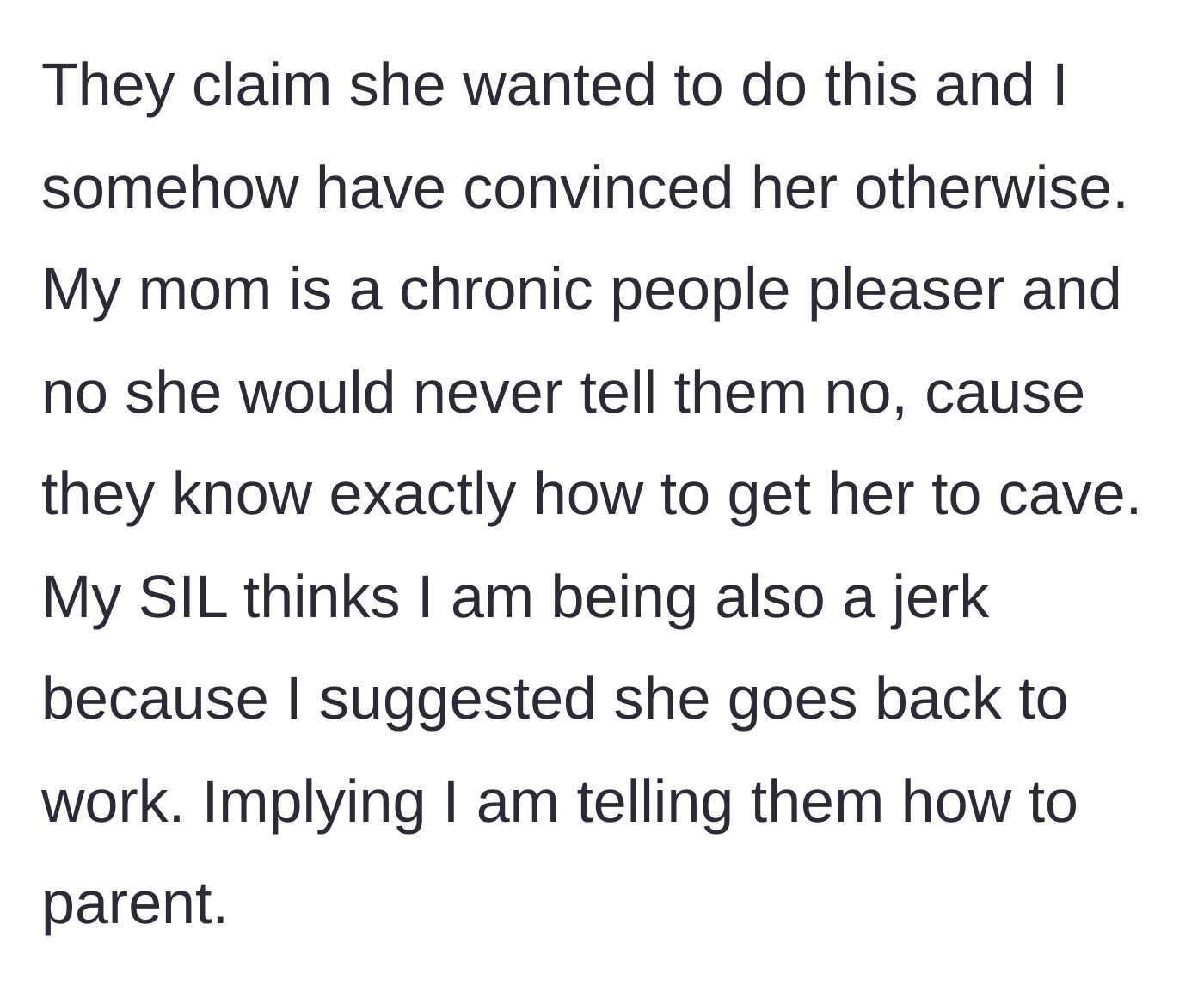 Story part 10 - The couple blames the sibling for manipulating the mother, and the sister-in-law takes offense at the career suggestion.