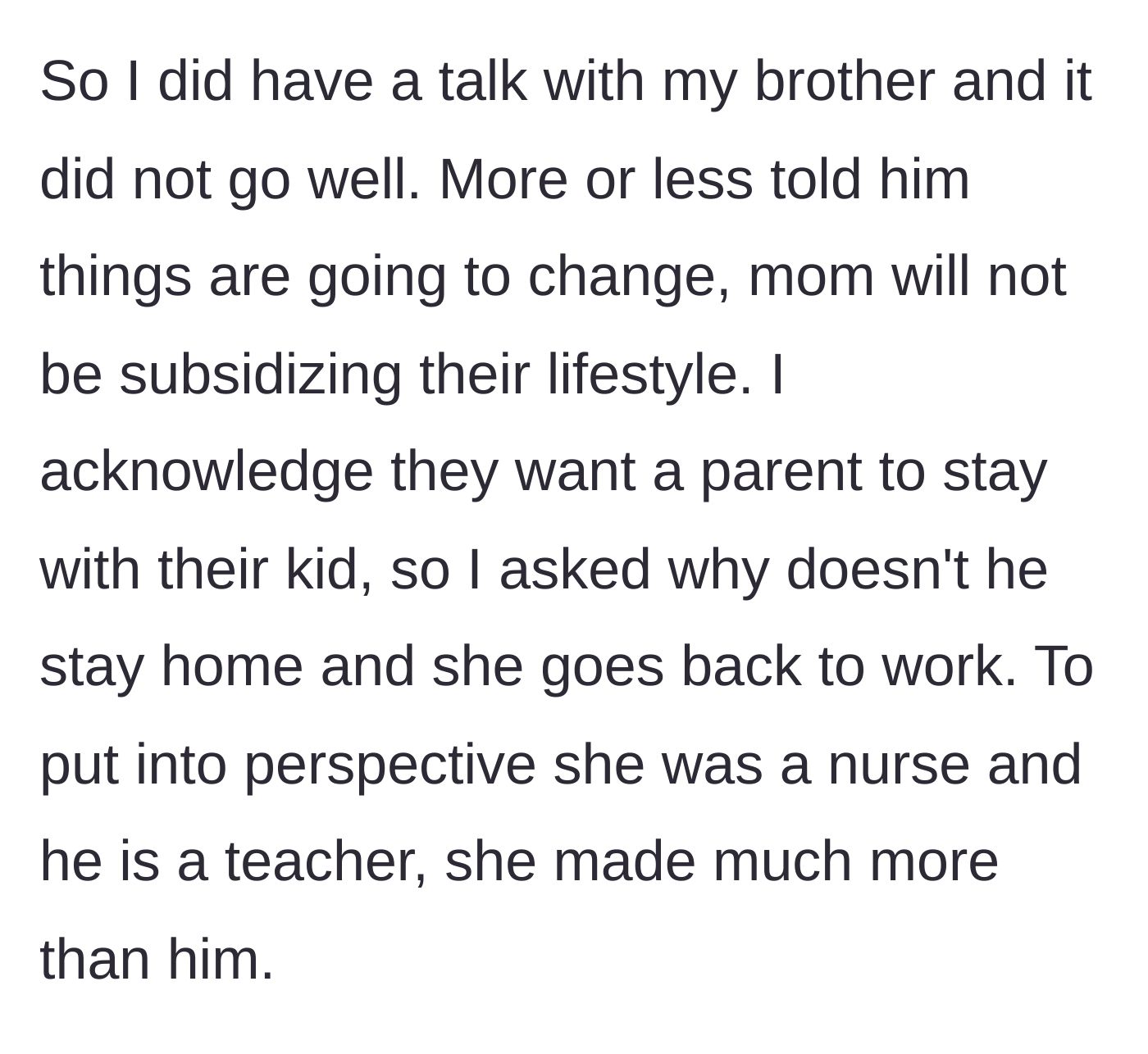 Story part 5 - Sibling confronts the brother, suggesting the higher-earning sister-in-law work while the brother stays home.