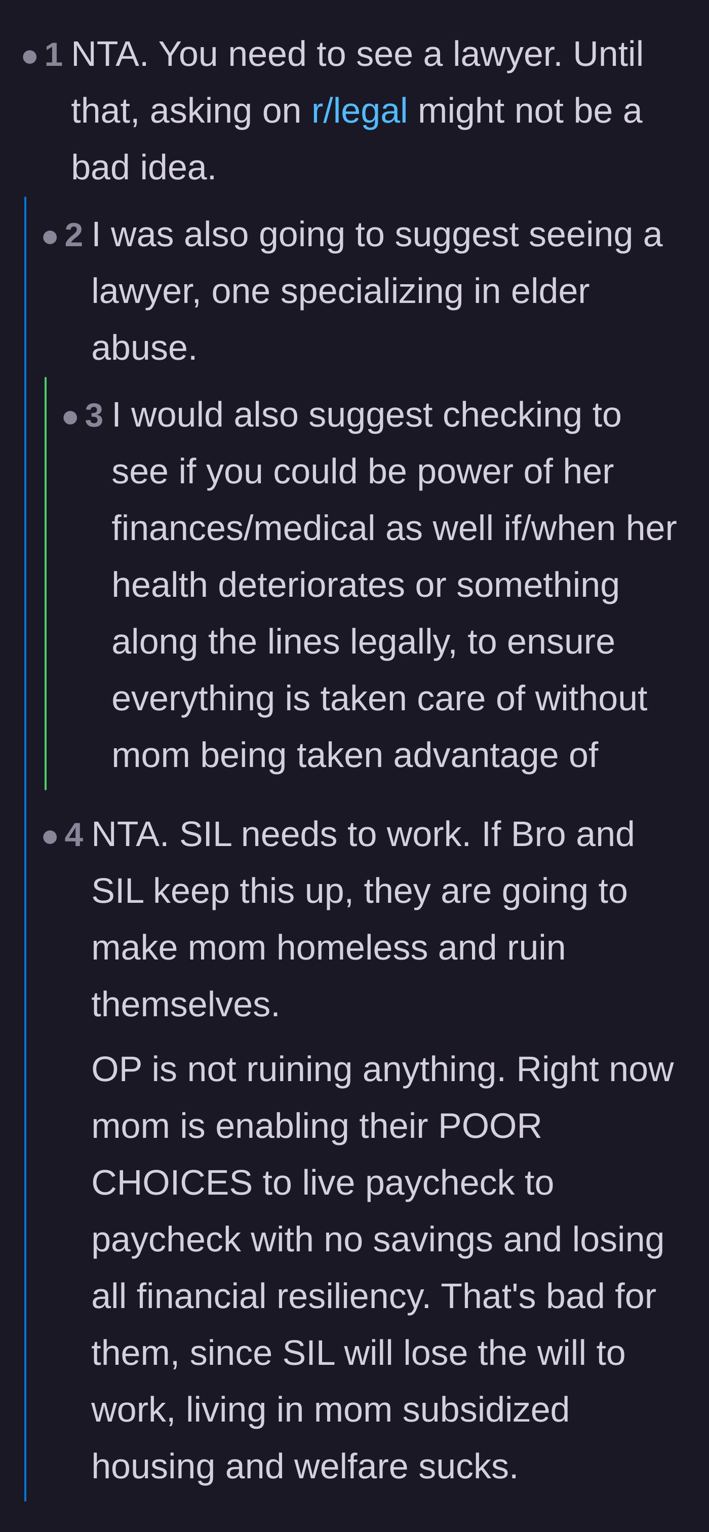 Comment thread 3 - Advice urging the sibling to seek legal counsel for elder financial abuse, noting that the sister-in-law is a mandated reporter who should know better.