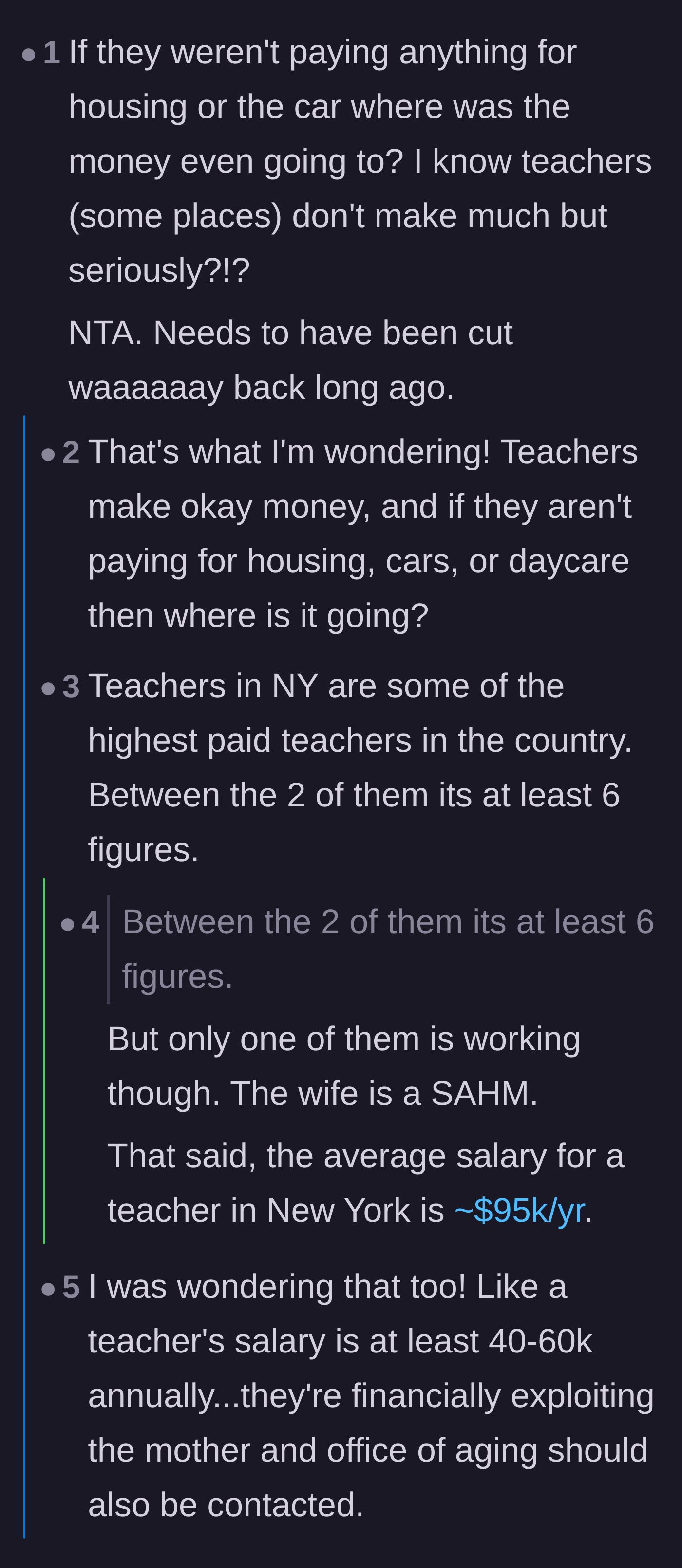 Comment thread 4 - Readers question where the brother's teacher salary is going if they have virtually zero living or transportation expenses.