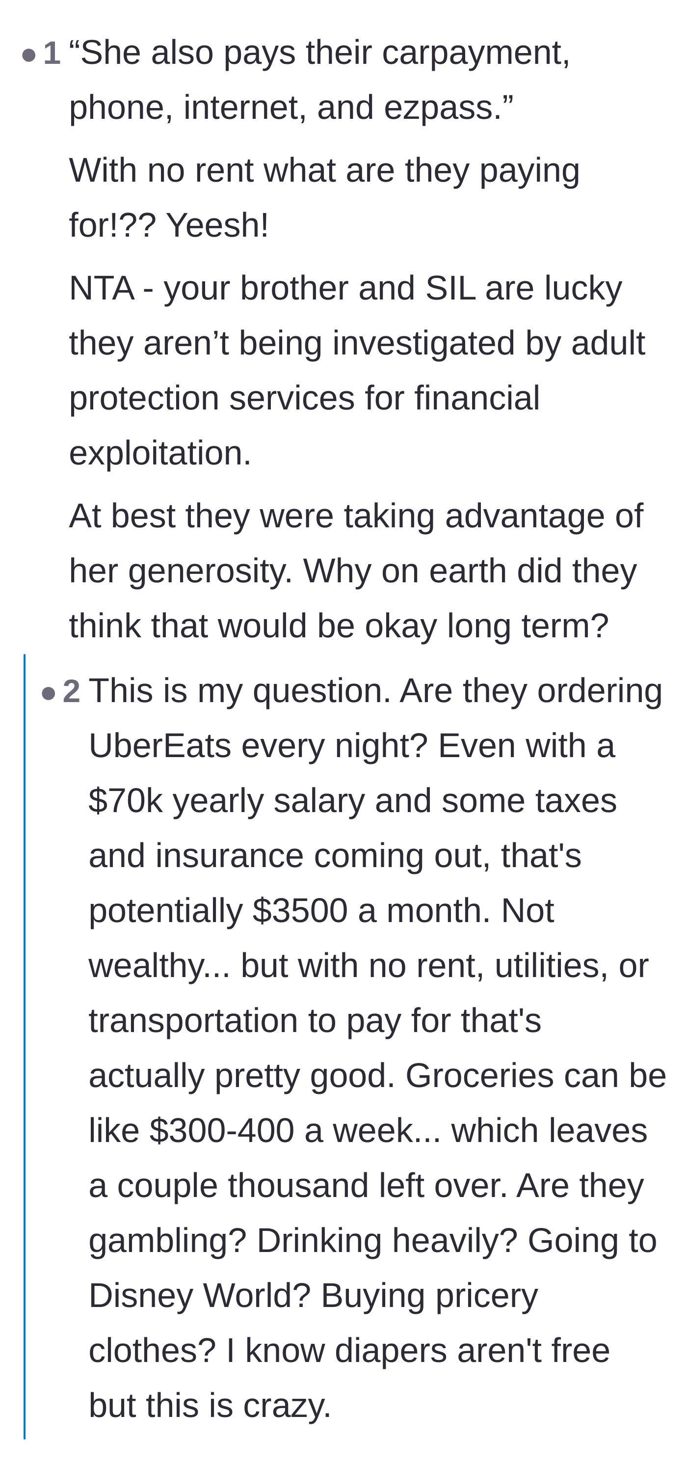 Comment thread 5 - A breakdown of the couple's finances, wondering how they manage to squander a full salary when their rent, cars, and bills are entirely covered.