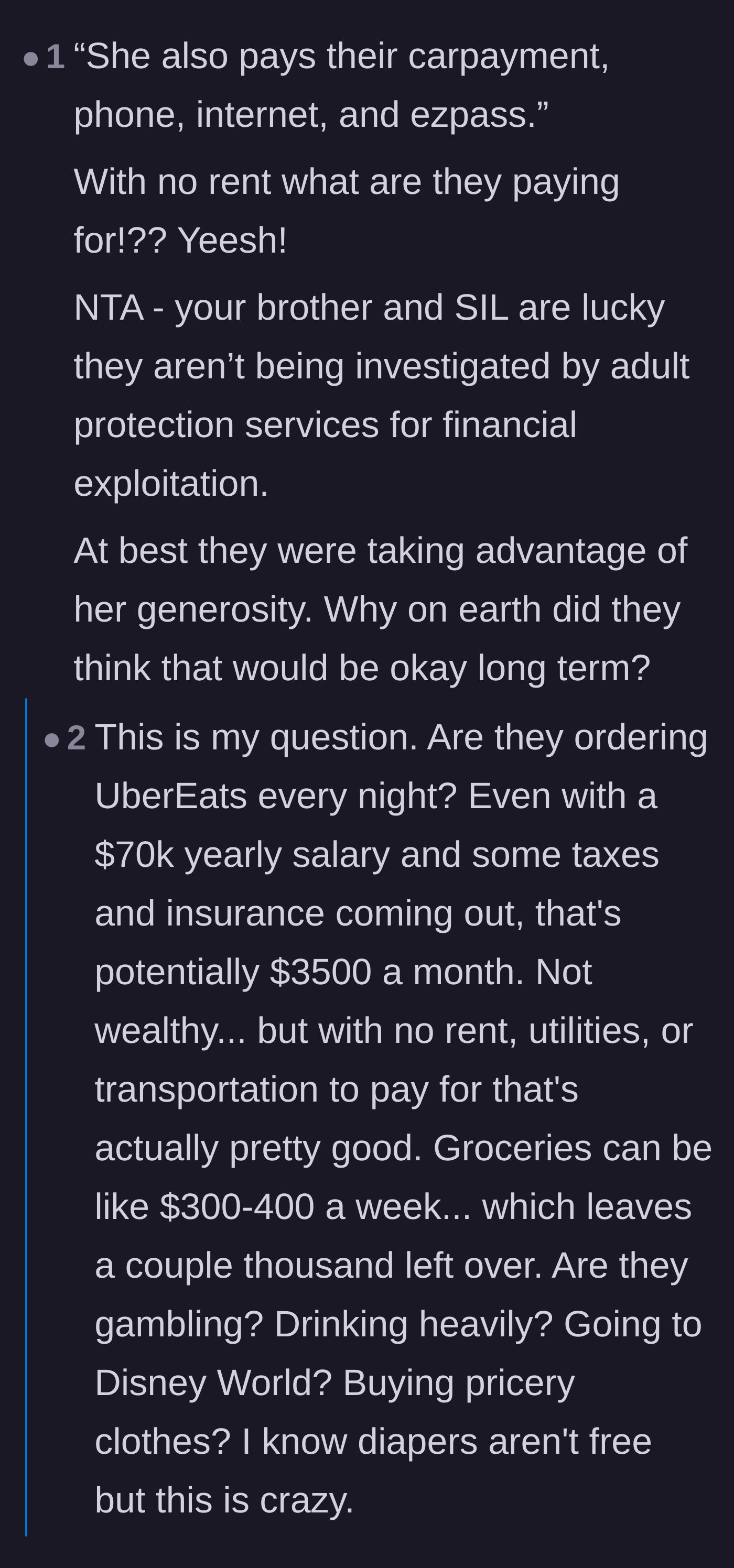 Comment thread 5 - A breakdown of the couple's finances, wondering how they manage to squander a full salary when their rent, cars, and bills are entirely covered.