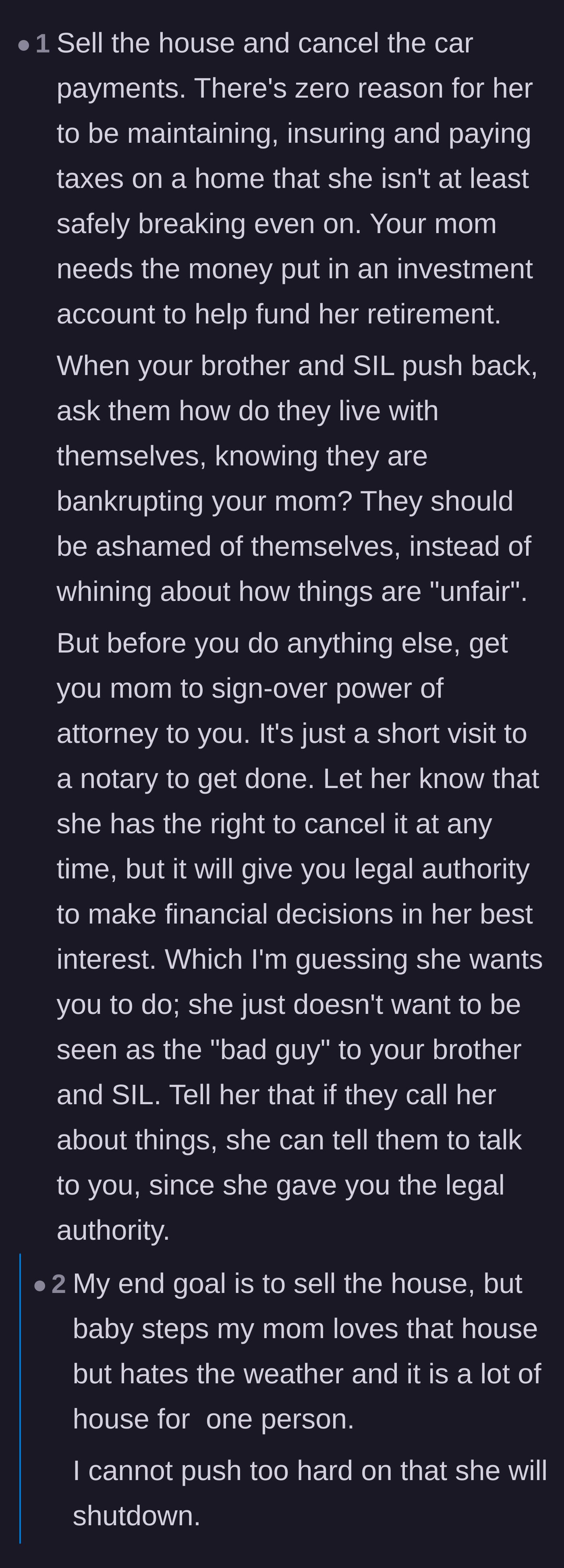 Comment thread 6 - Suggestions to immediately sell the mother's house and establish a Power of Attorney, with the author explaining why they must proceed gently to protect their mother's mental state.