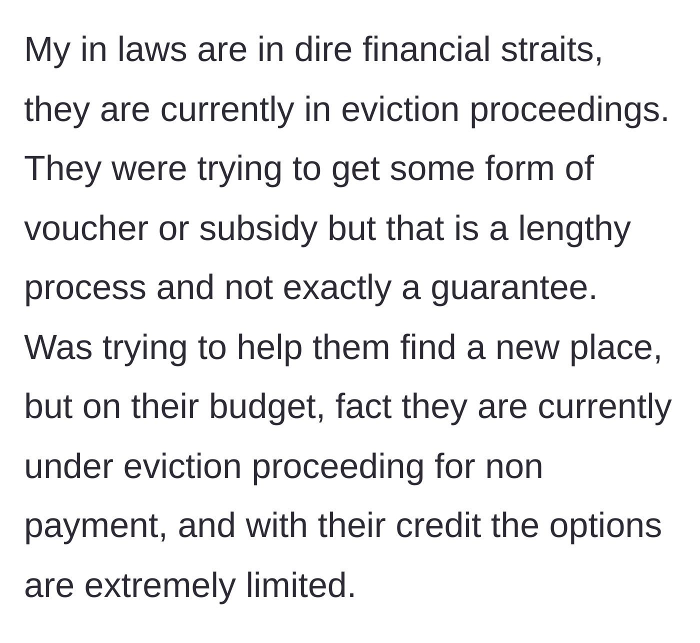 Story part 1 - The husband explains his in-laws' dire financial straits and looming eviction due to non-payment.