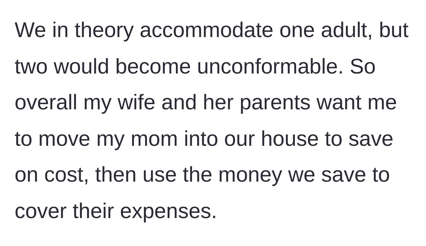 Story part 5 - The husband realizes the full, terrible plan: move his mother into their cramped house and hand the savings to the in-laws.