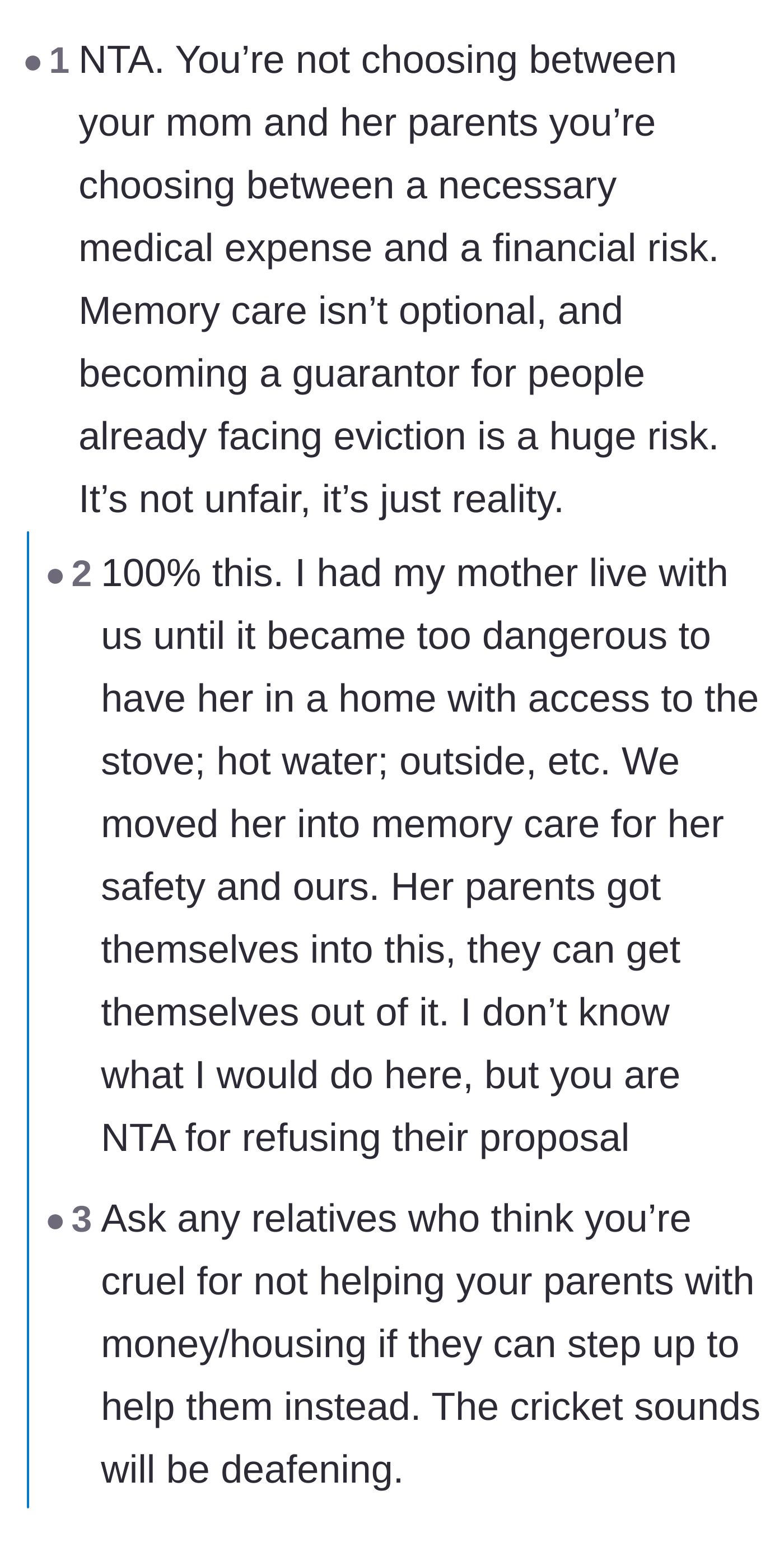 Comment thread 2 - A debate contrasting a necessary medical expense for a sick mother with an optional financial bailout for irresponsible adults.