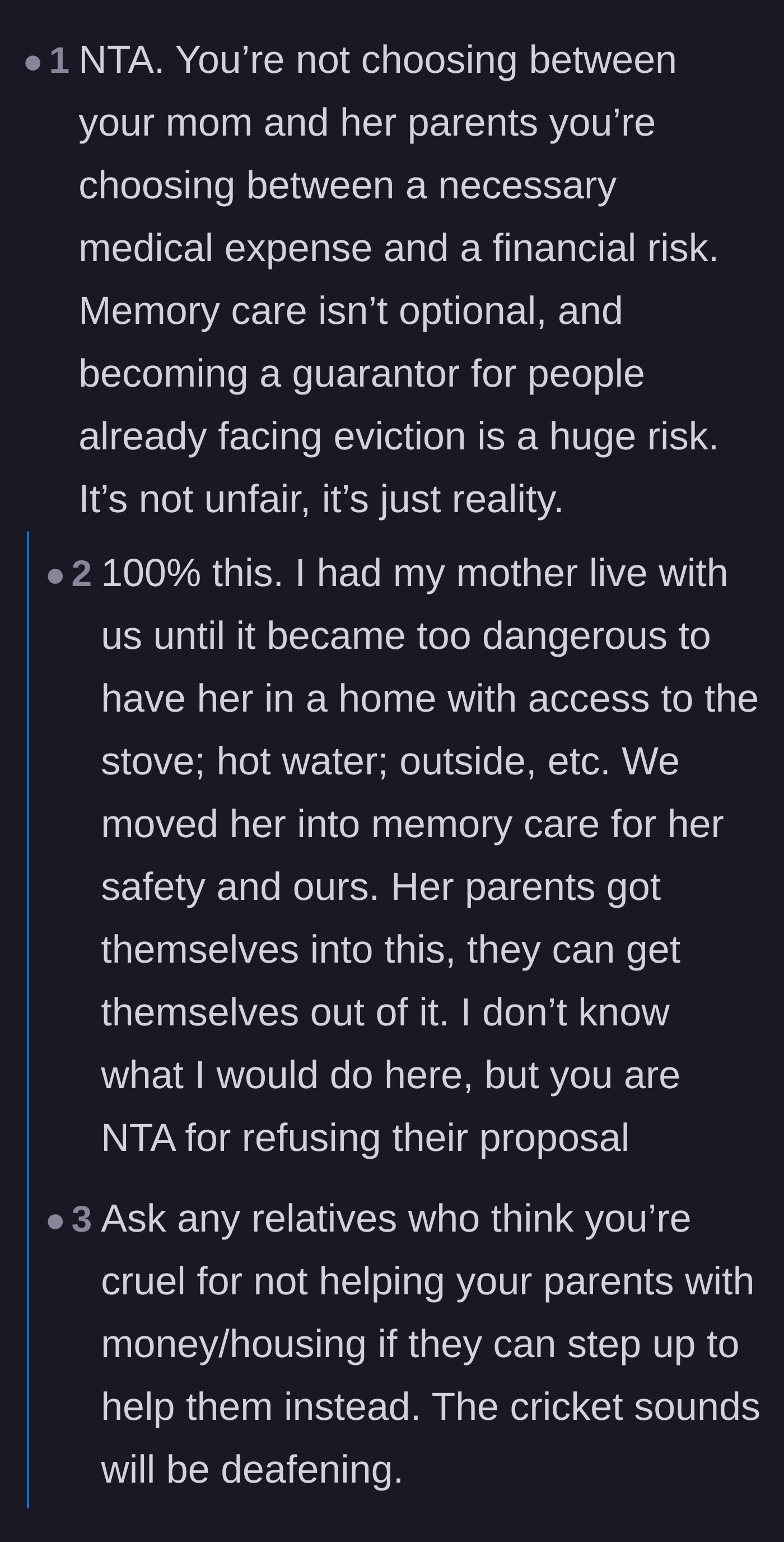Comment thread 2 - A debate contrasting a necessary medical expense for a sick mother with an optional financial bailout for irresponsible adults.