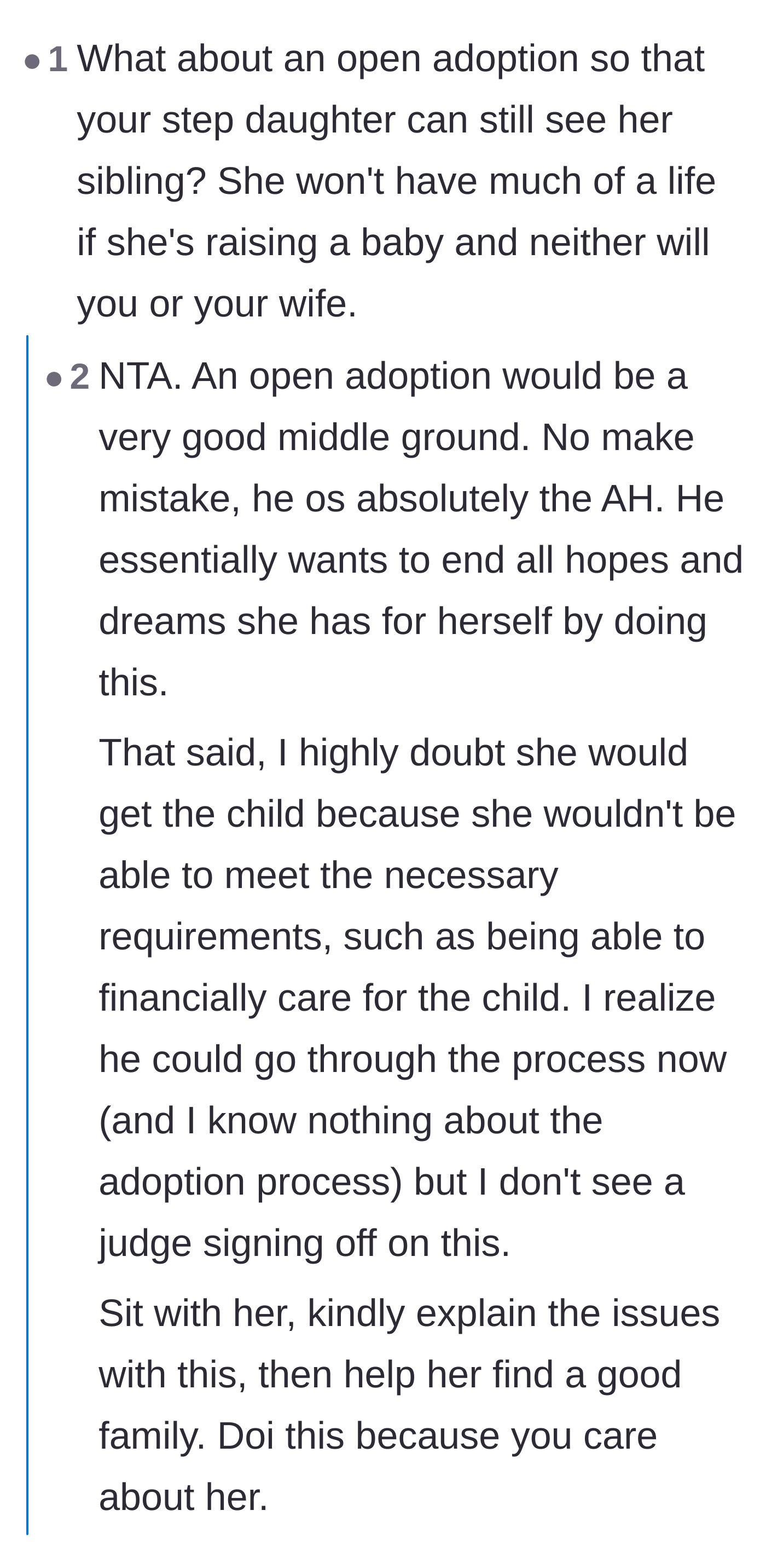 Comment thread 1 - Readers debating the legal and emotional realities of open adoption and the heartbreaking risk of inherited addiction issues.