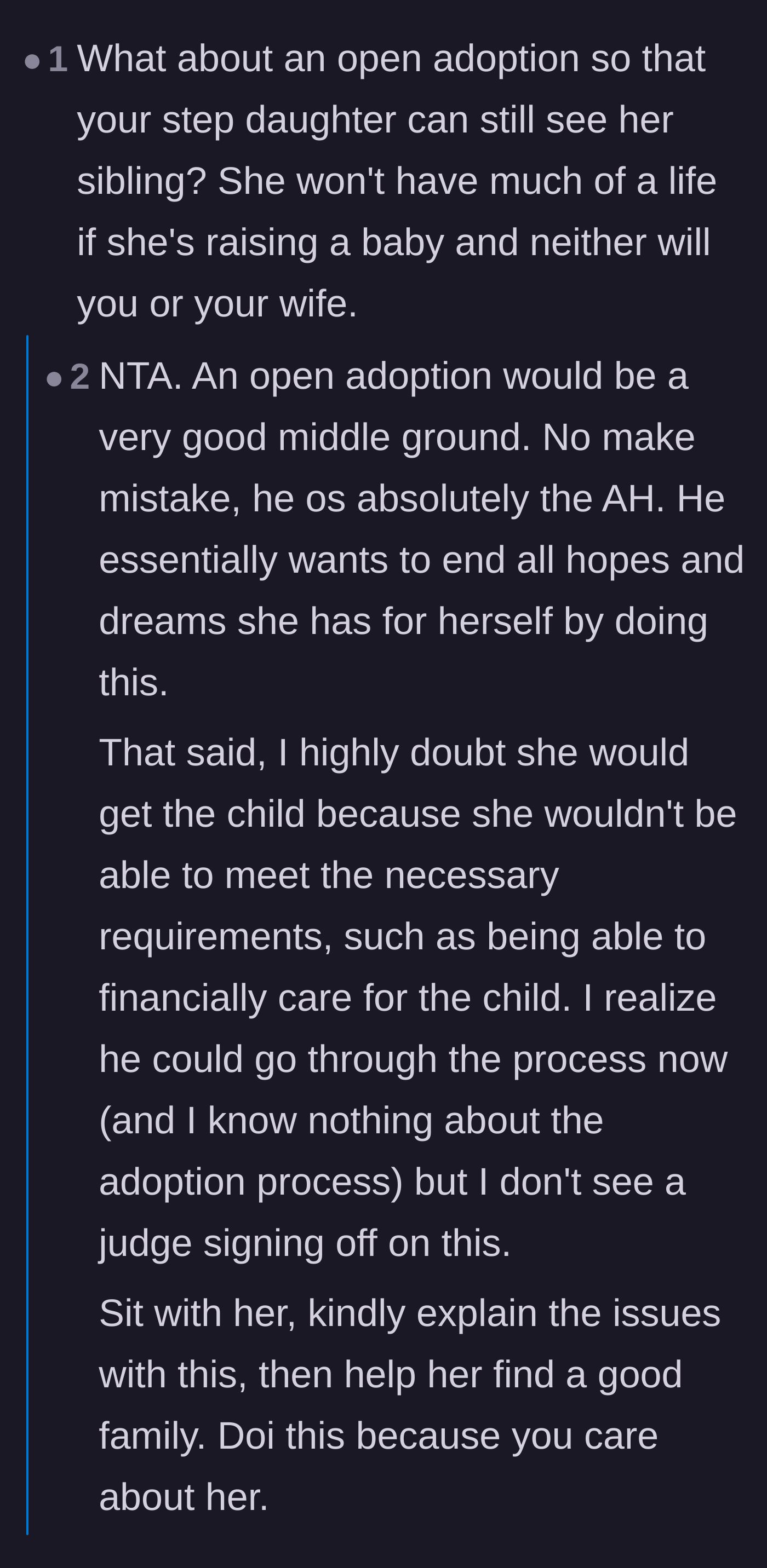 Comment thread 1 - Readers debating the legal and emotional realities of open adoption and the heartbreaking risk of inherited addiction issues.